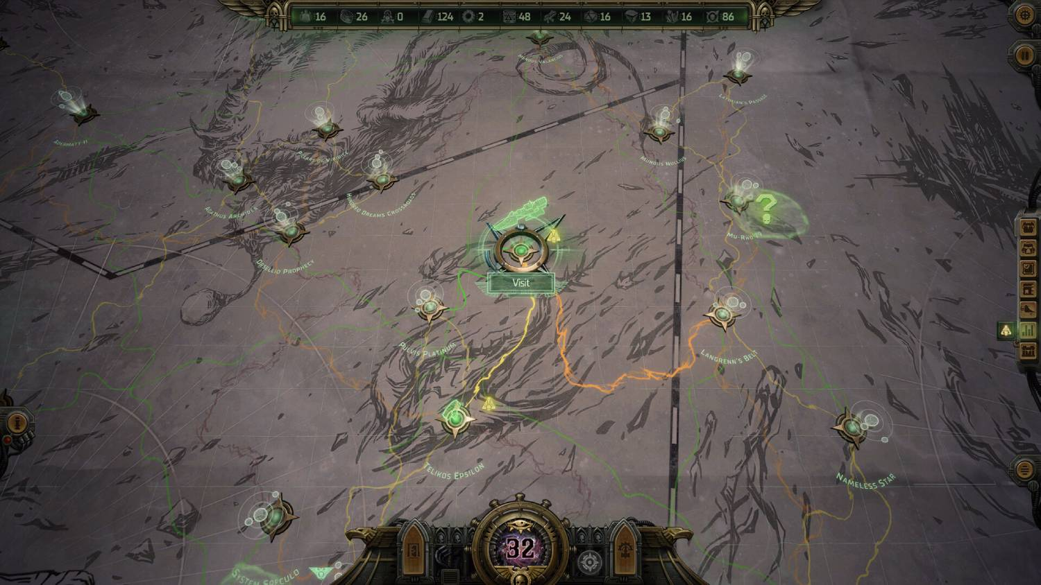Un mapa de juego con iconos y rutas brillantes. Un icono central dice 'Visit'.