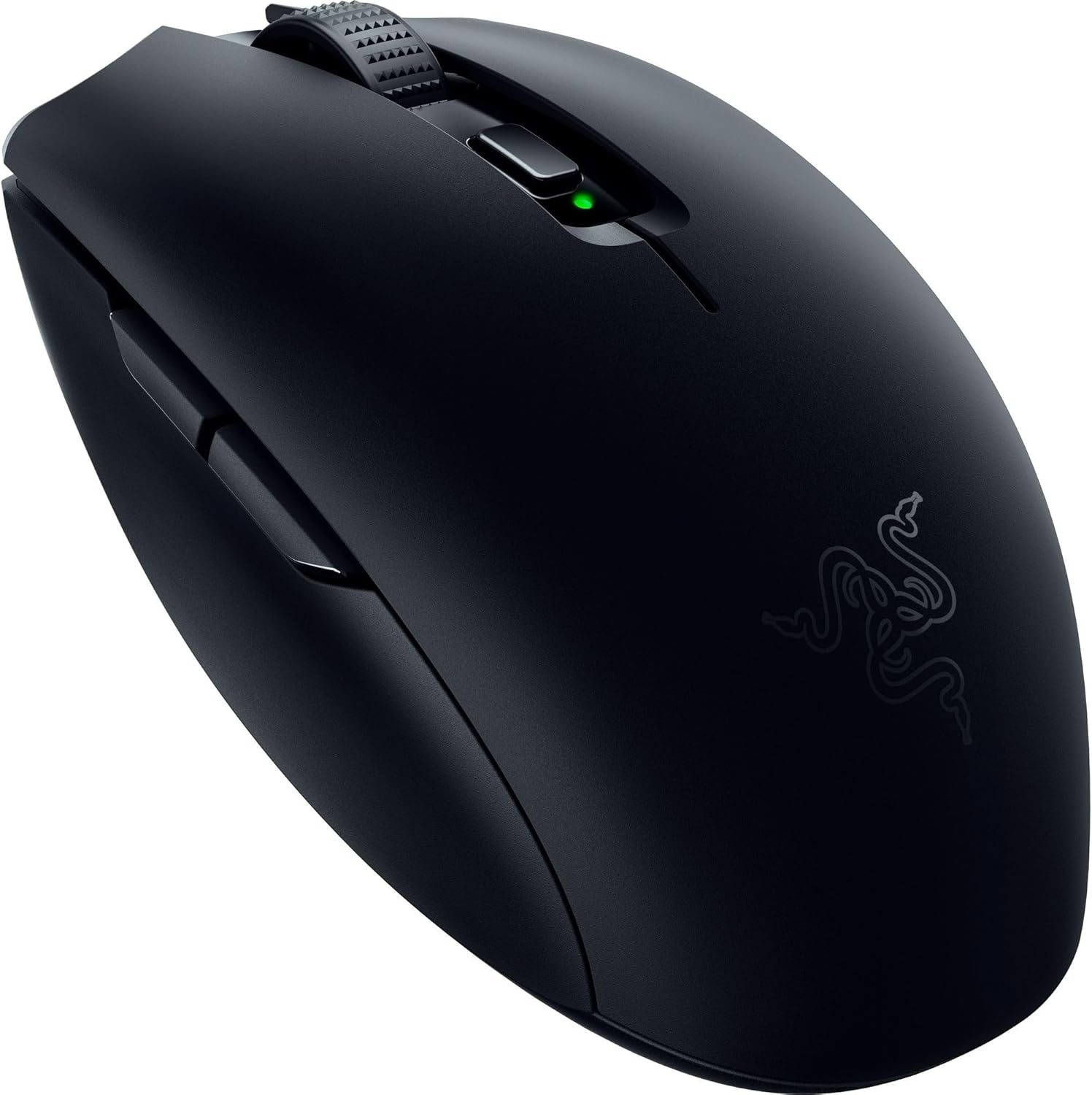 Ratón negro con rueda de desplazamiento, botones laterales y luz verde.