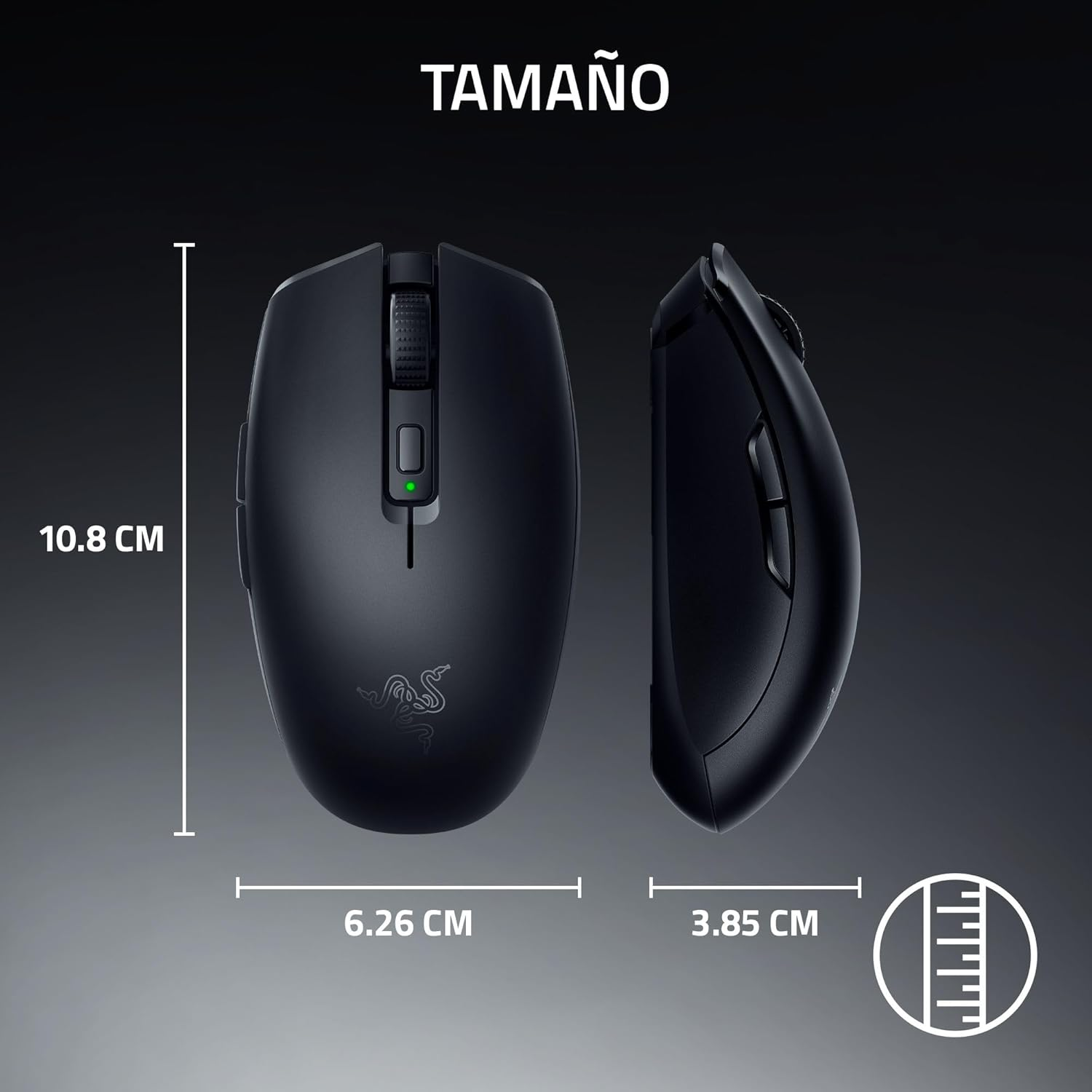 Ratón negro con dimensiones: 10,8 cm alto, 6,26 cm ancho, 3,85 cm fondo.