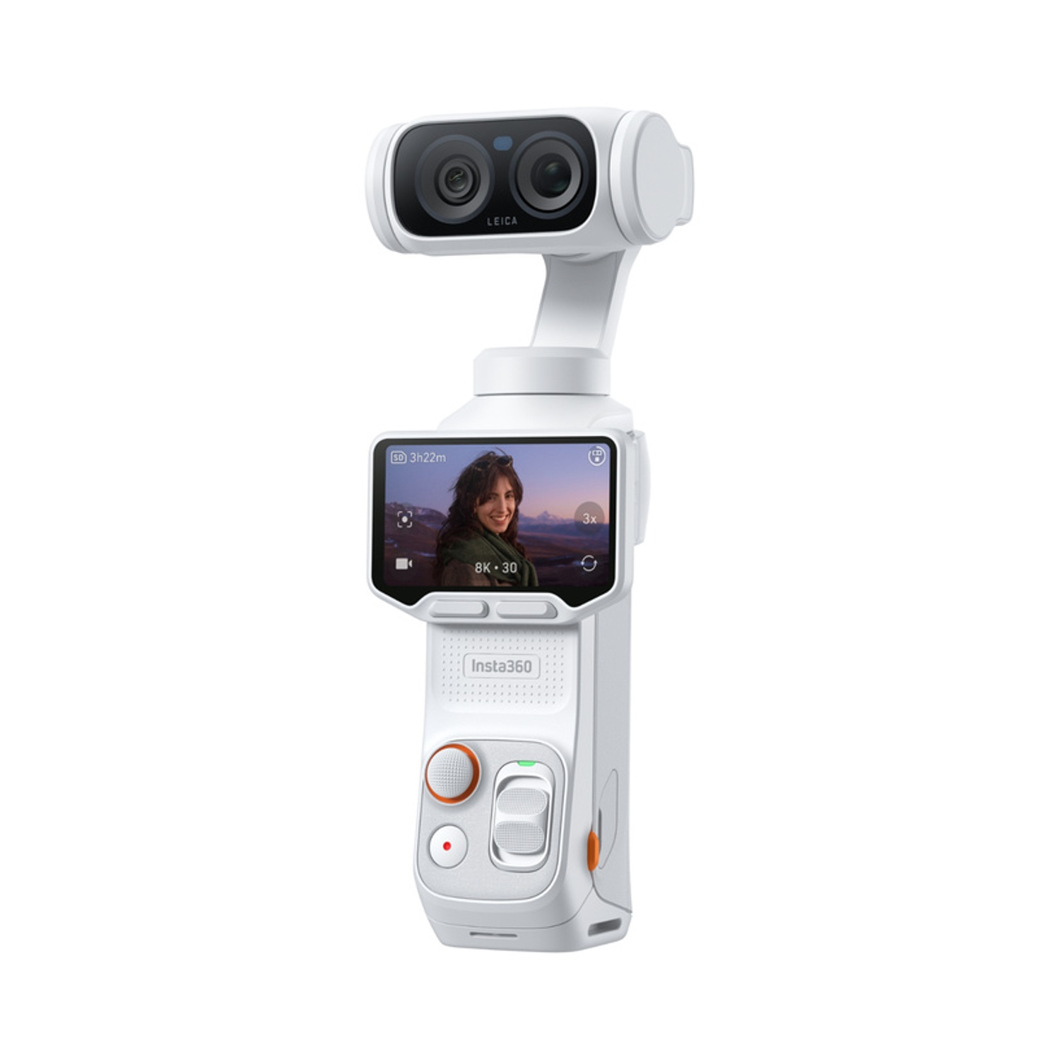 Un gimbal bianco portatile con doppie lenti, touchscreen e pulsanti di controllo.