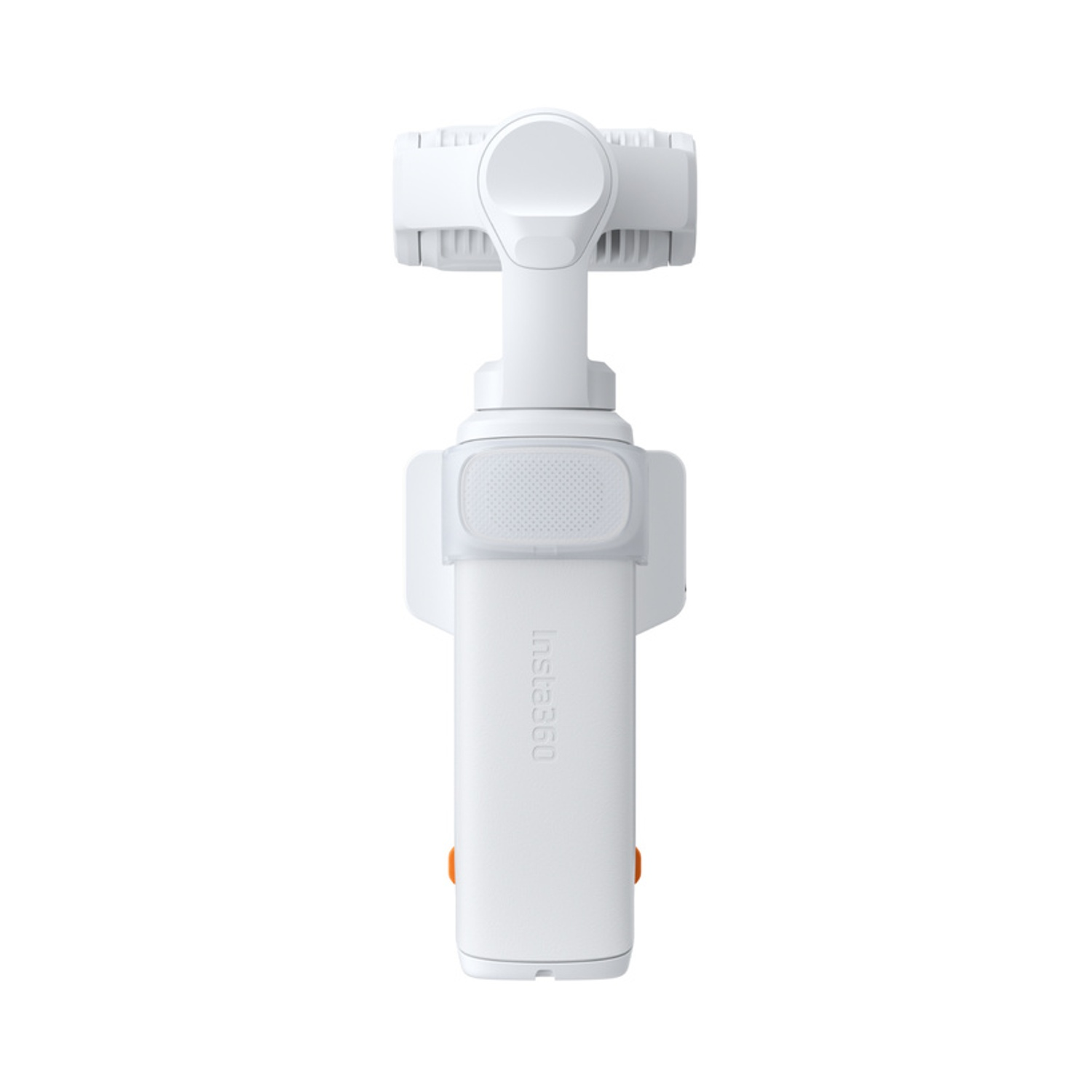 Un gimbal bianco con testo "Insta360" e pulsante arancione.