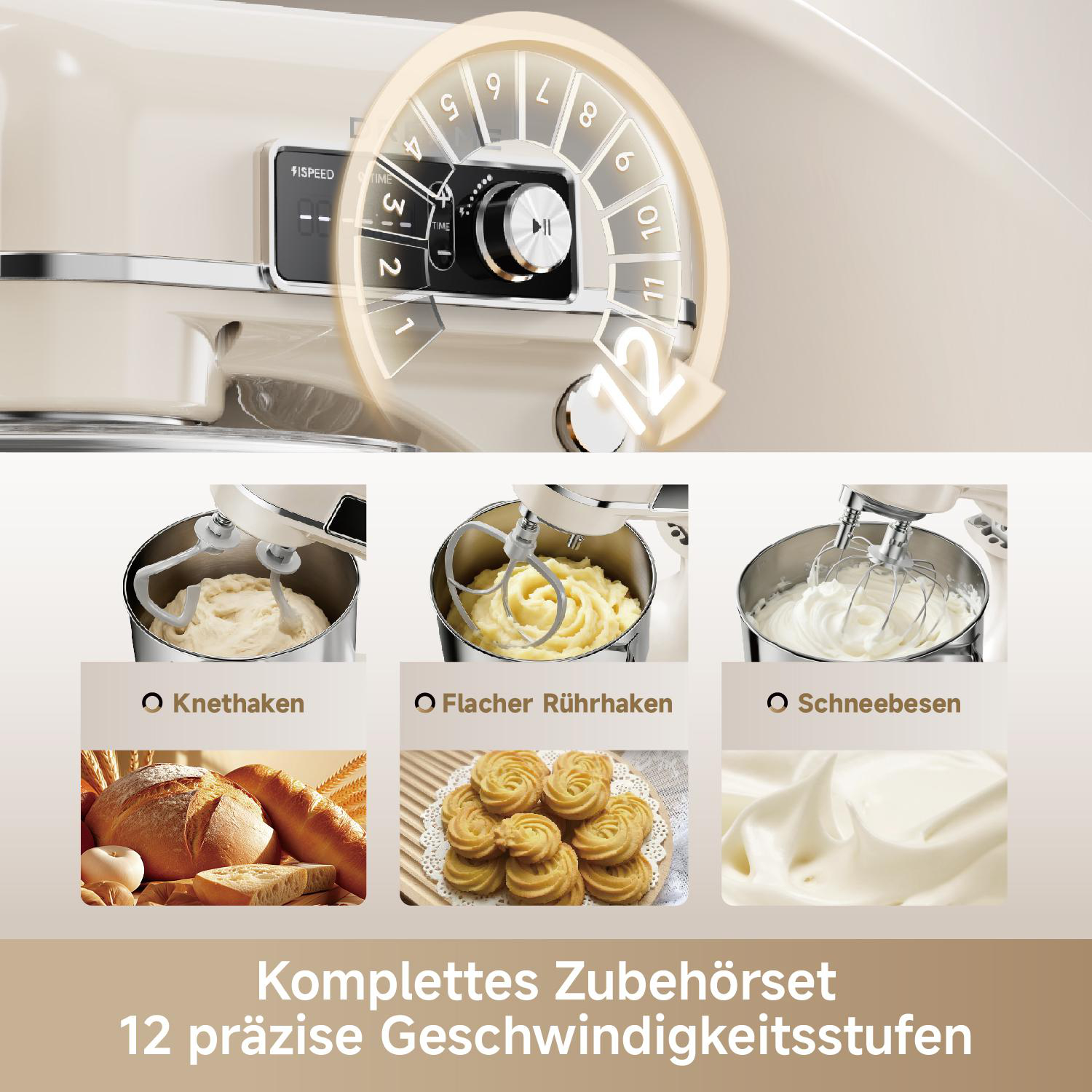 Küchenmaschine mit verschiedenen Aufsätzen: Teig, Kartoffelpüree, Sahne. Brot, Kekse.