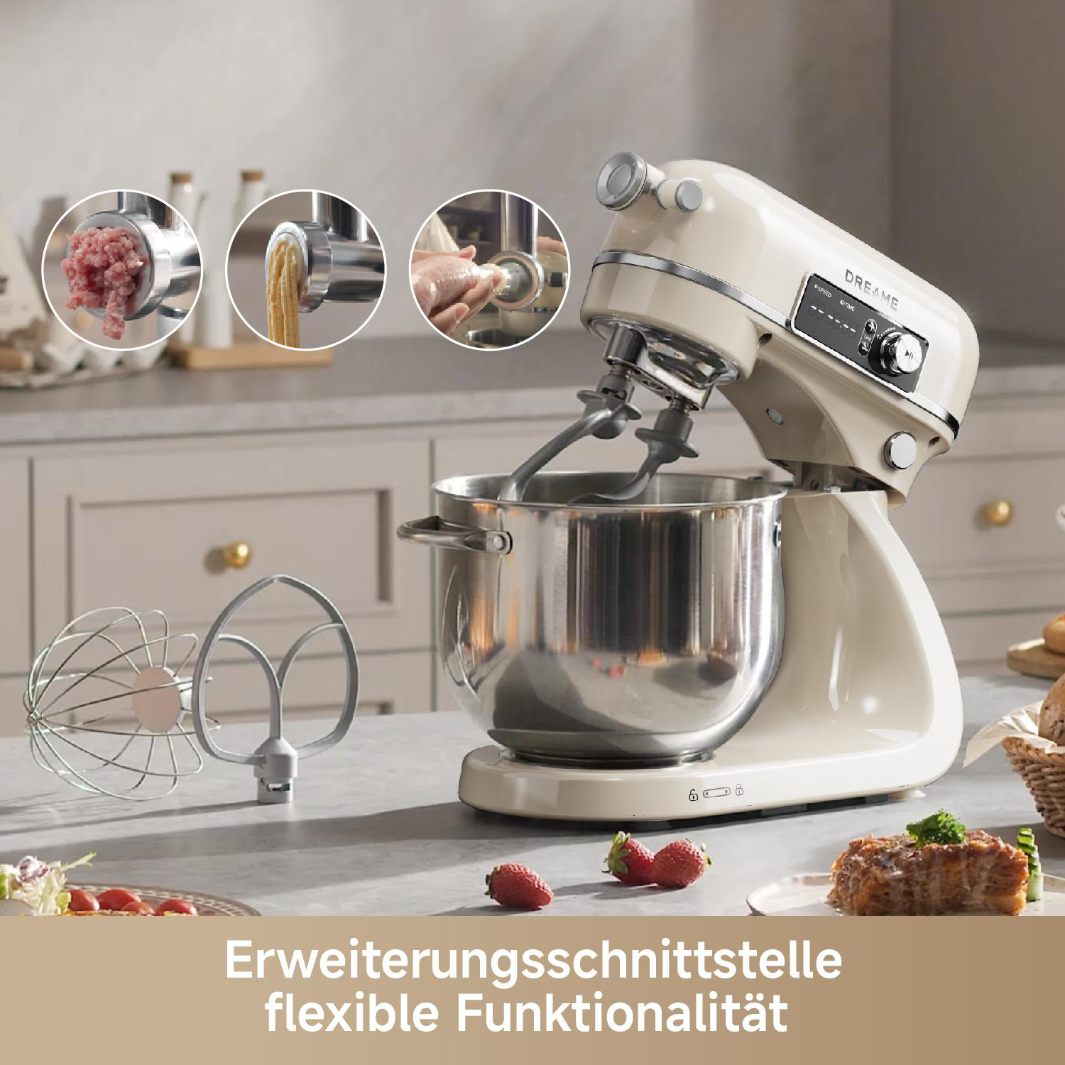 Eine cremefarbene Küchenmaschine mit verschiedenen Aufsätzen, die Hackfleisch, Nudeln und Wurst zeigen.