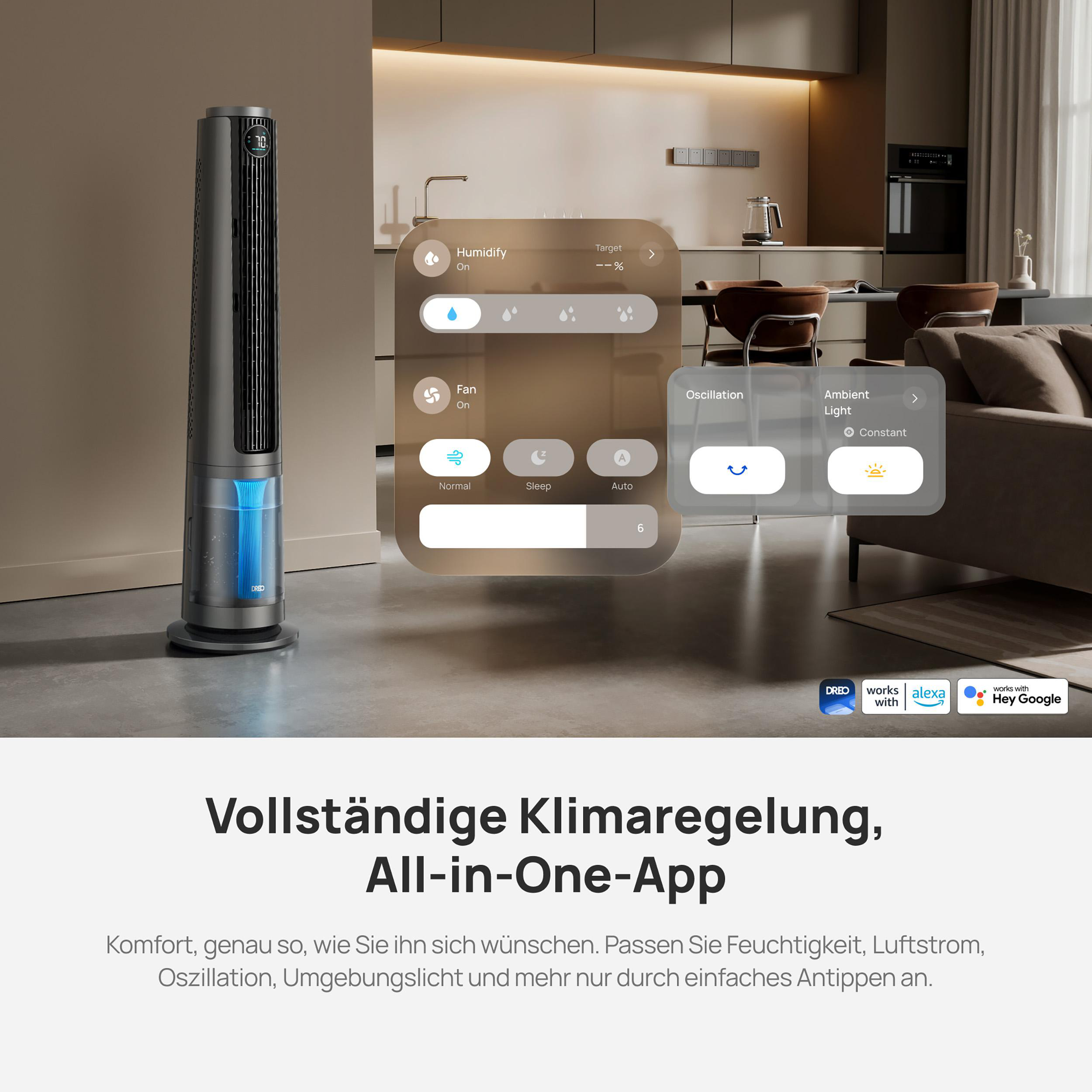 Ein schlanker Turmventilator mit App-Steuerung für Luftfeuchtigkeit, Lüfter und Licht.