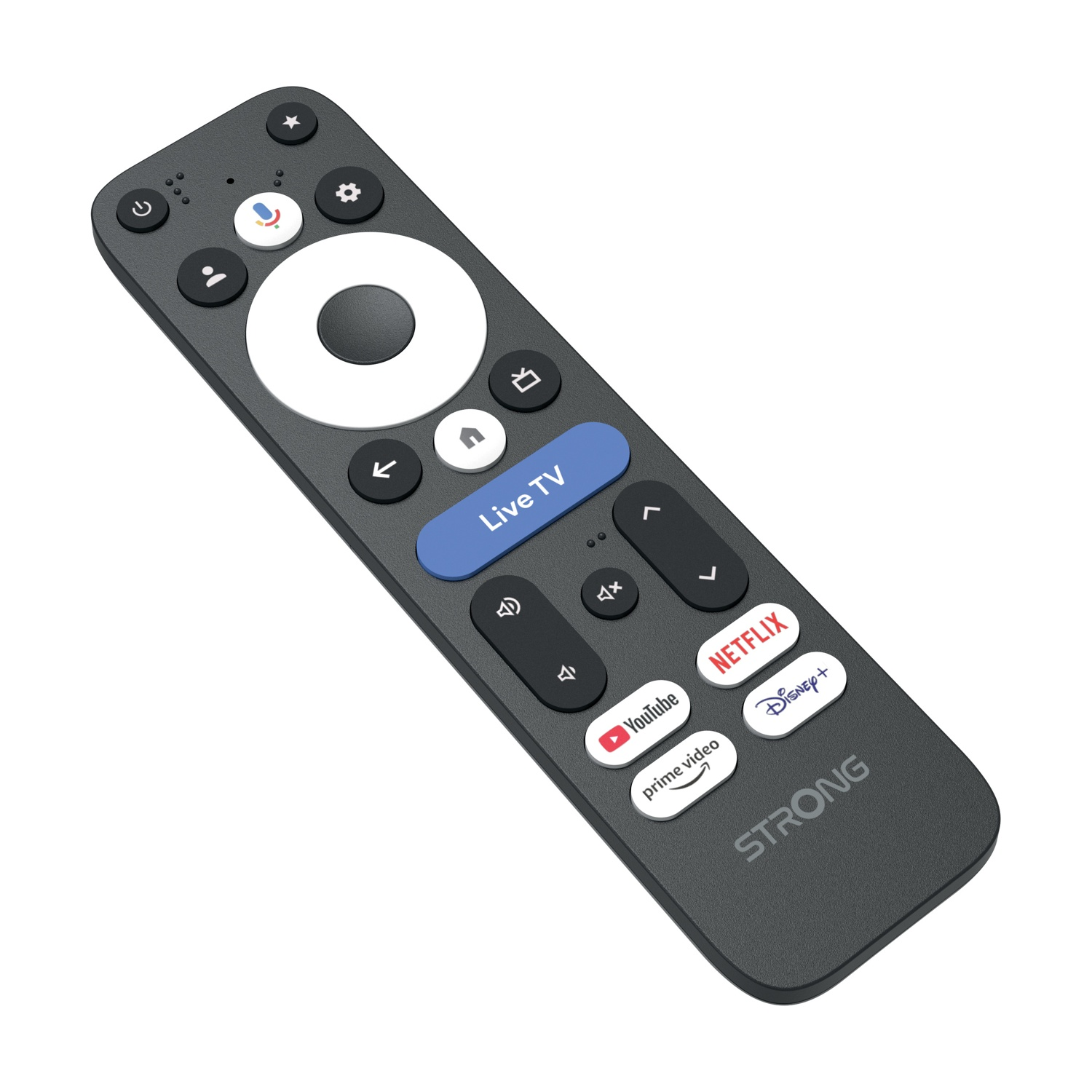 Telecomando nero con pulsanti per Live TV, Netflix, YouTube, Prime Video, Disney+.