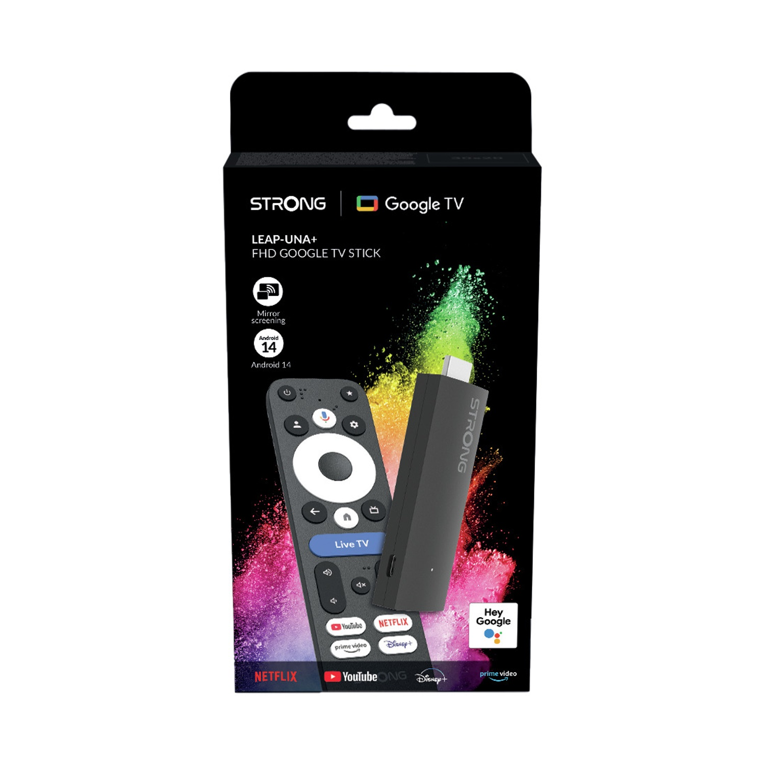 Confezione Google TV Stick con telecomando e loghi app.