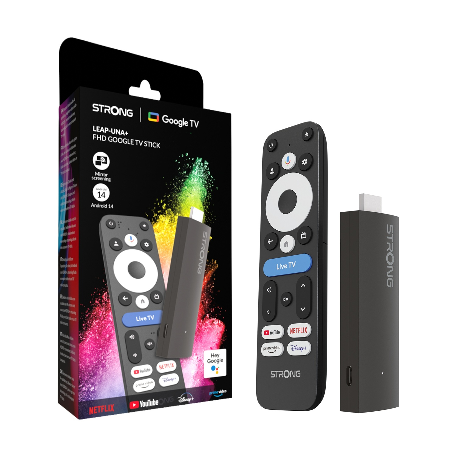 Un bastoncino Google TV con telecomando e confezione su sfondo bianco.
