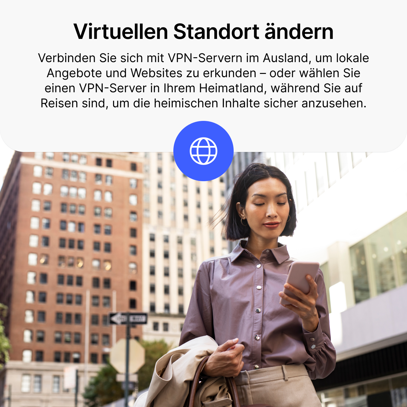 Une femme avec un téléphone marche dans une ville, avec du texte sur les VPN.