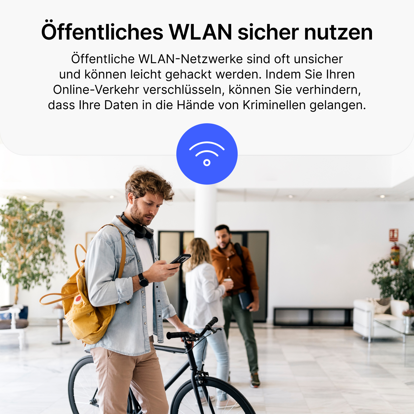 Homme avec vélo et téléphone, personnes à l'arrière-plan, symbole WiFi.
