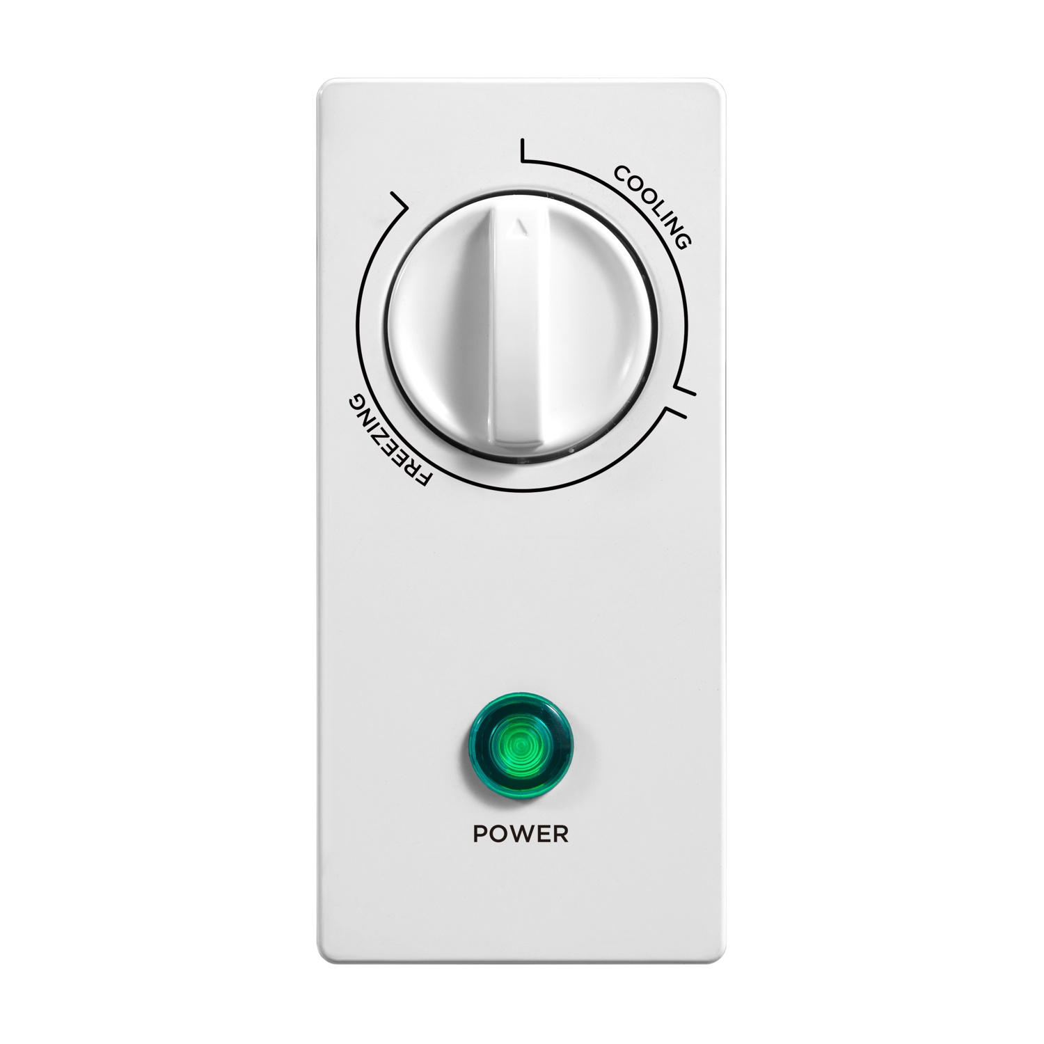 Pannello di controllo bianco con manopola per raffreddamento/congelamento e LED verde.
