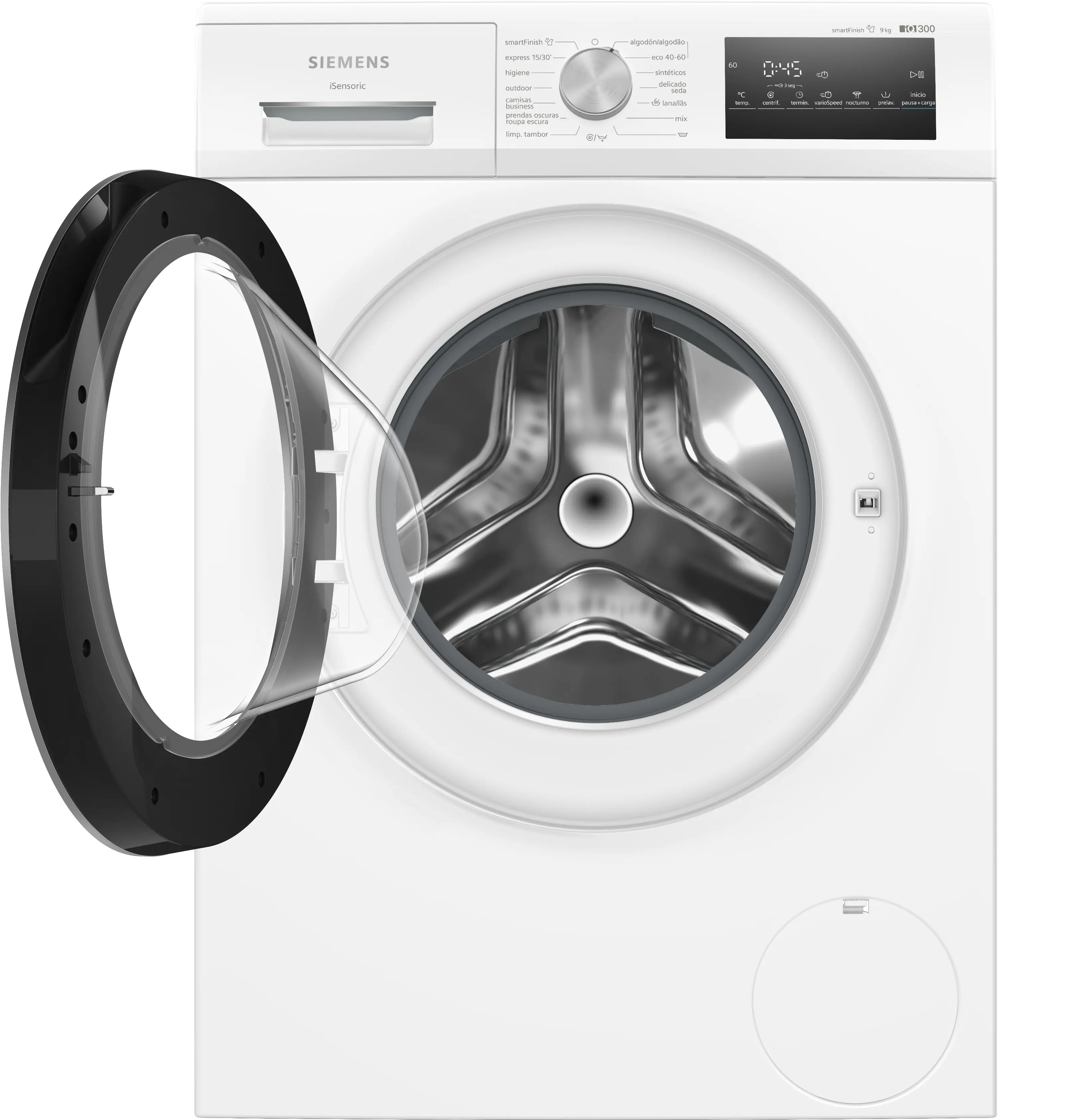 Lavadora blanca Siemens con la puerta abierta, mostrando el tambor.