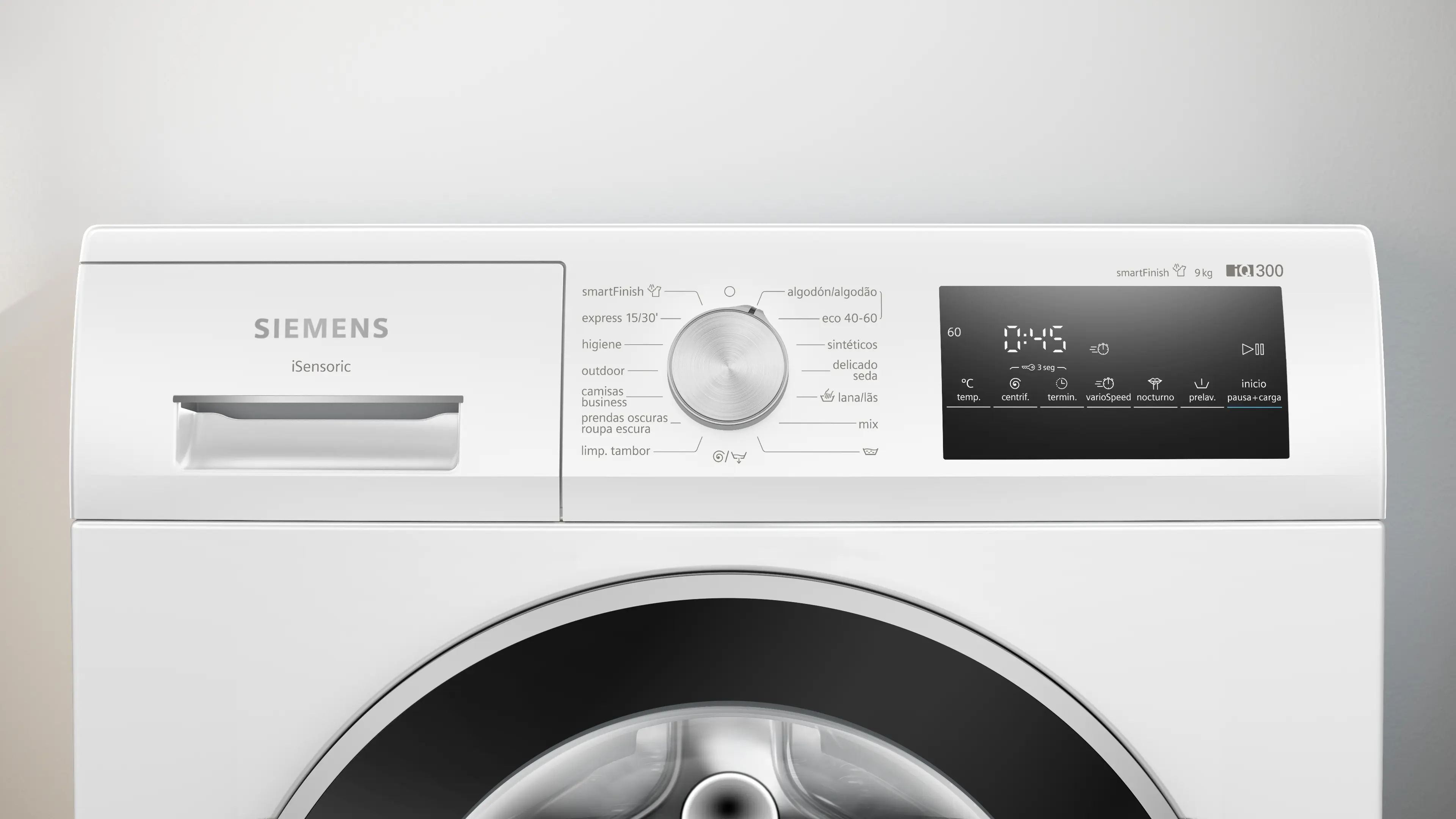 Lavadora Siemens blanca con pantalla digital y dial de control.