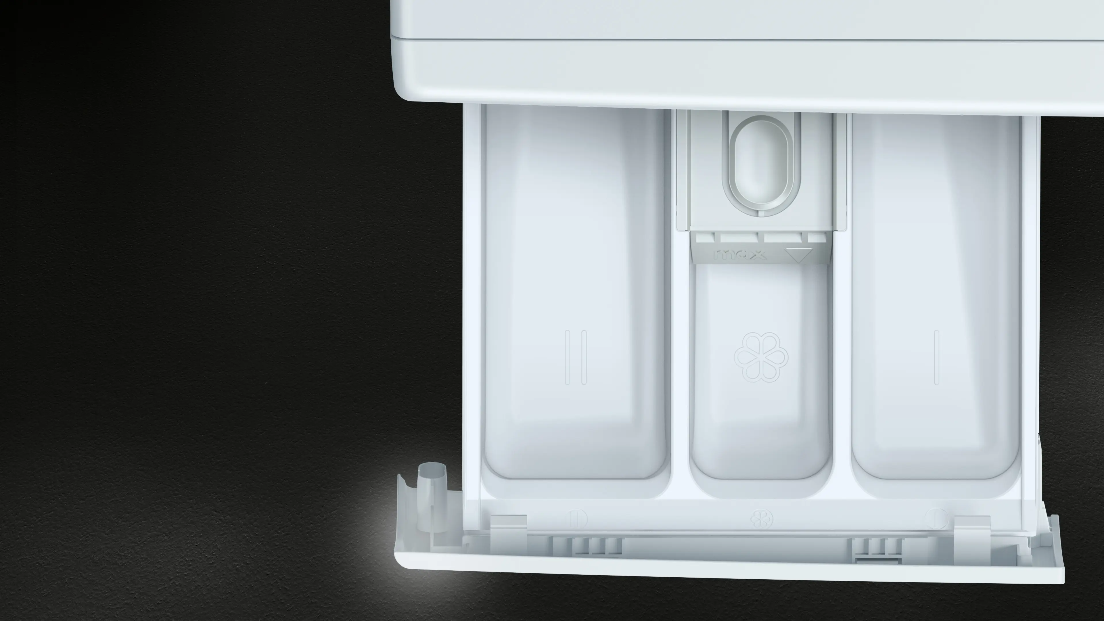 Un cajón blanco extraíble para detergente con tres compartimentos y símbolos.