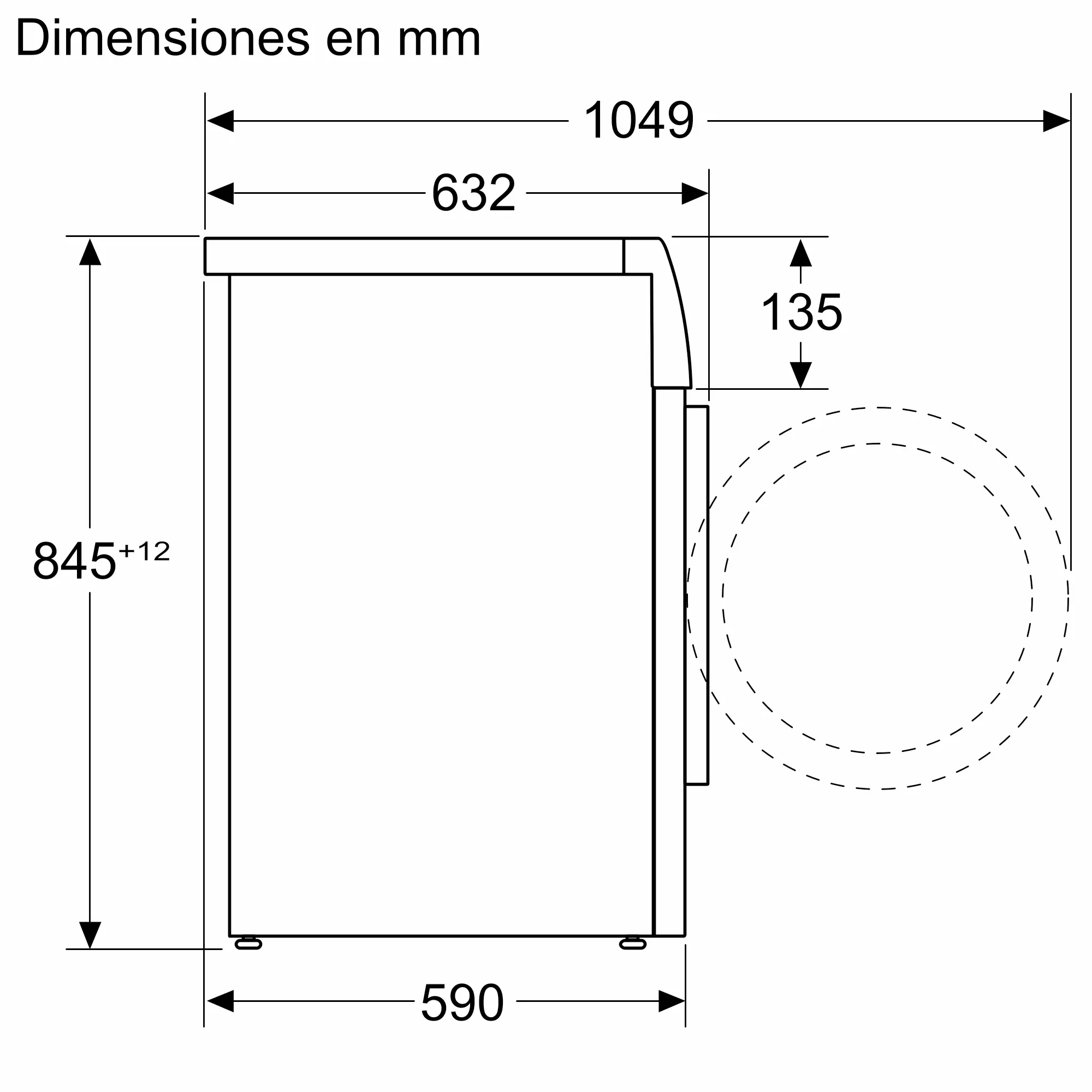 Dibujo técnico de un electrodoméstico con dimensiones: Alto 845+12 mm, Ancho 632 mm, Fondo 1049 mm.