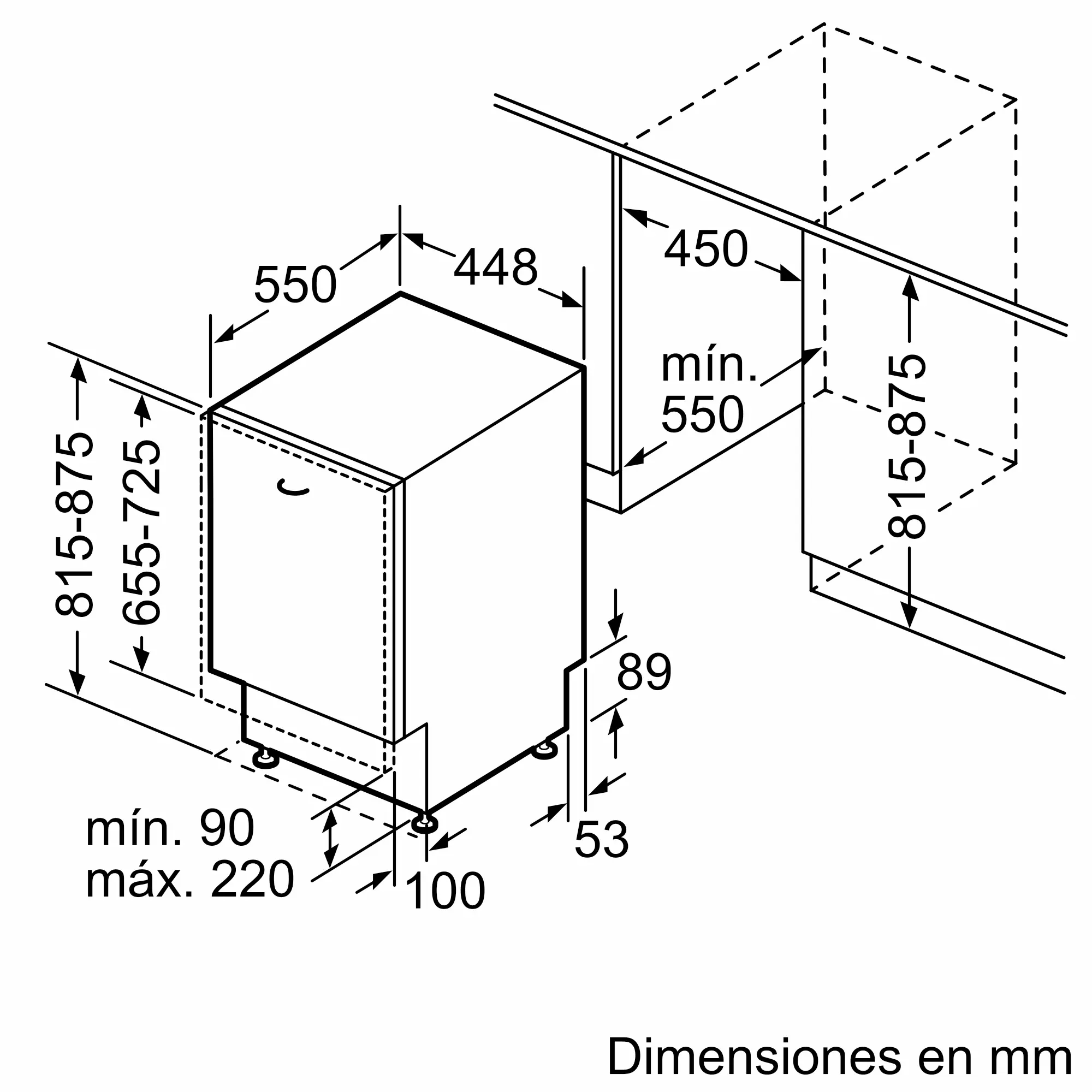 Dibujo técnico con dimensiones de un electrodoméstico en mm.
