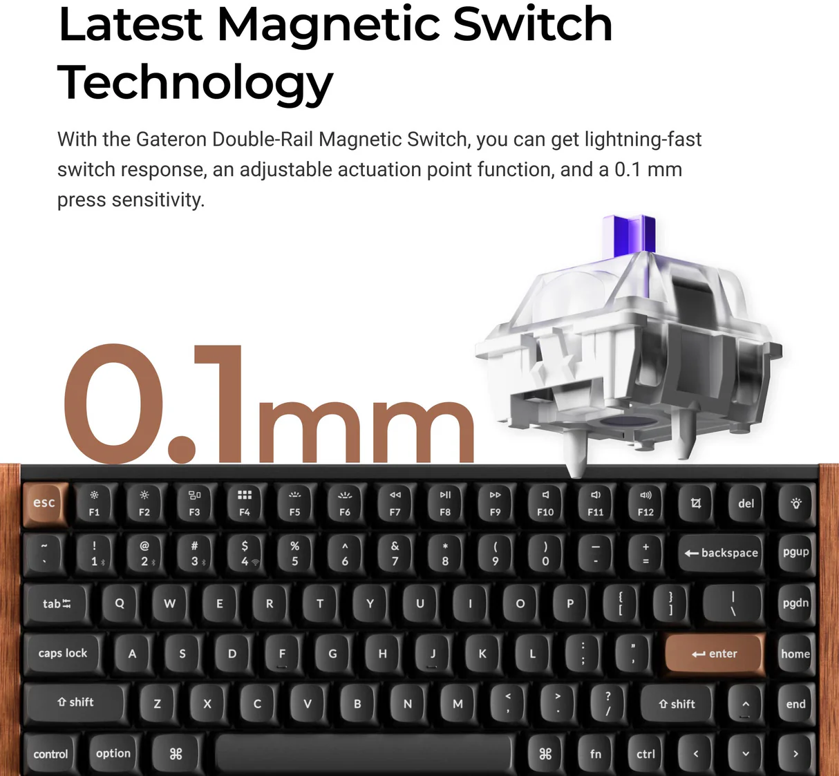 Mechanikus billentyűzet mágneses kapcsolós technológiával és 0,1 mm-es működtetéssel.