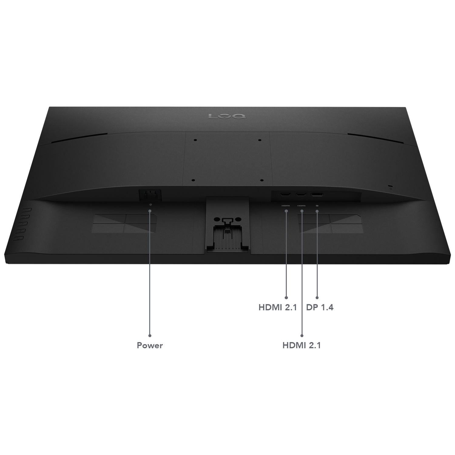 Achterkant van een zwarte monitor met stroom-, HDMI 2.1- en DP 1.4-poorten.