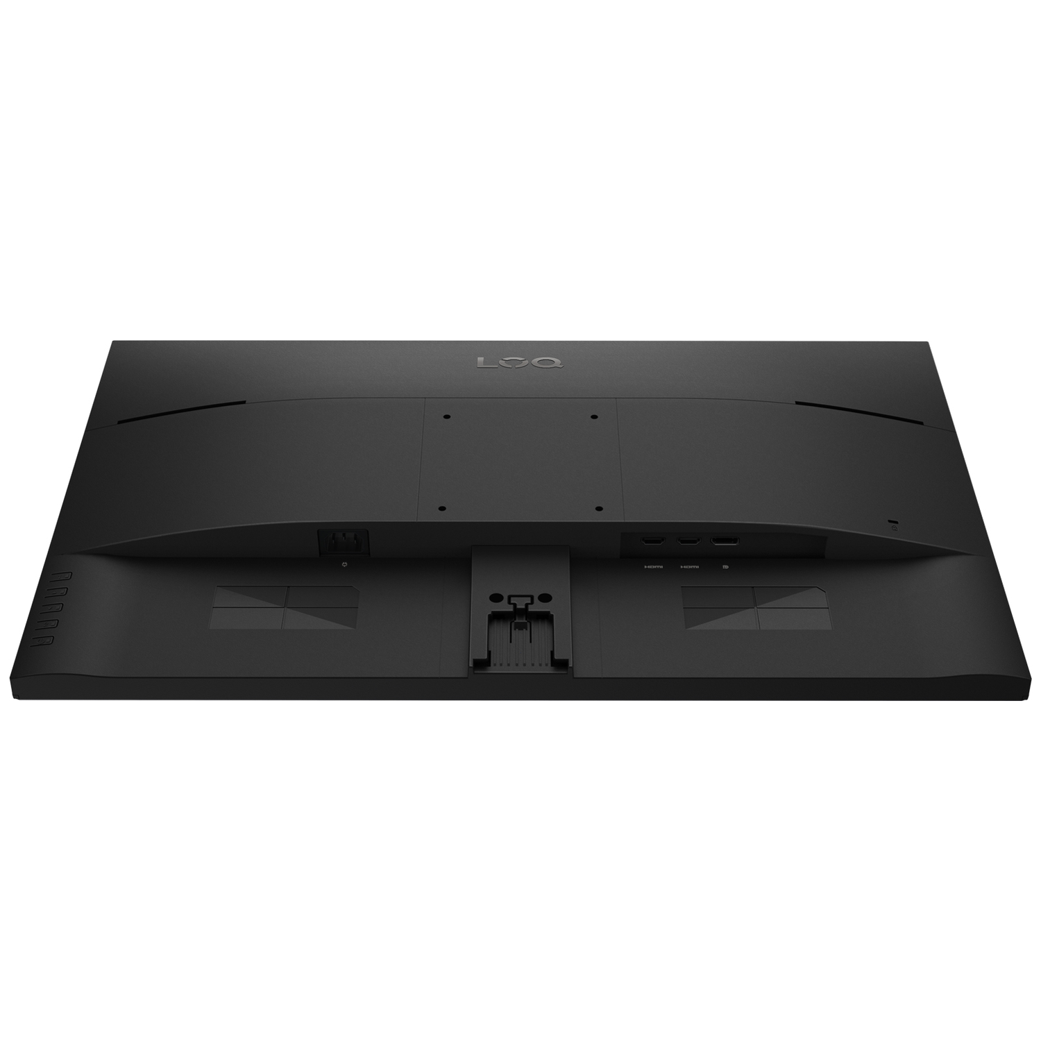 Achterkant van een zwarte monitor met poorten zoals HDMI en USB.