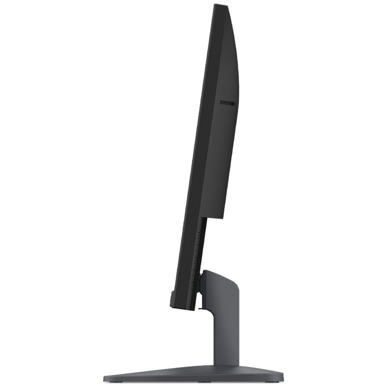 Een zwarte computermonitor op een standaard, van de zijkant gezien.