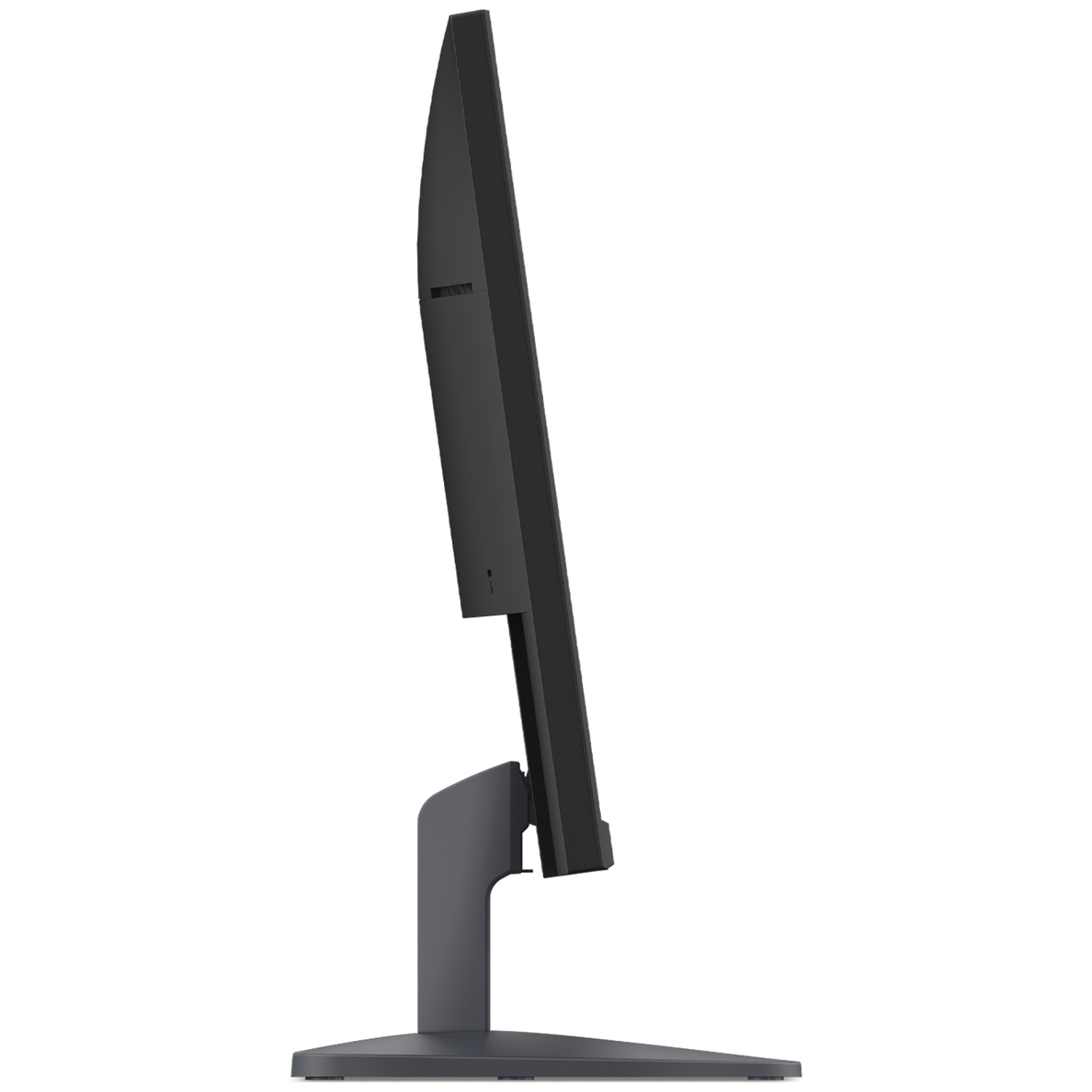 Zwarte monitor met slanke rand op een donkere standaard, zij-aanzicht.