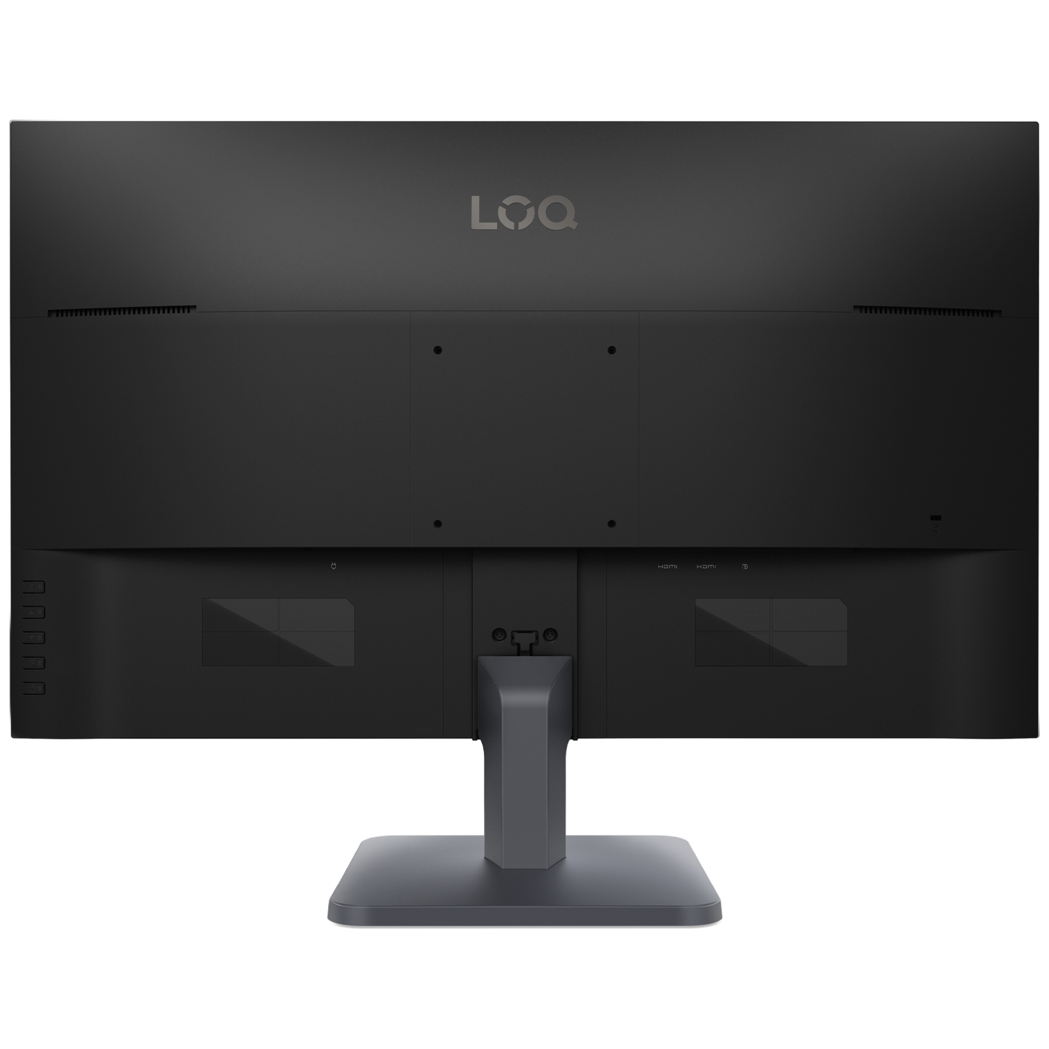 Achterkant van een zwarte monitor met LOQ-logo en poorten.