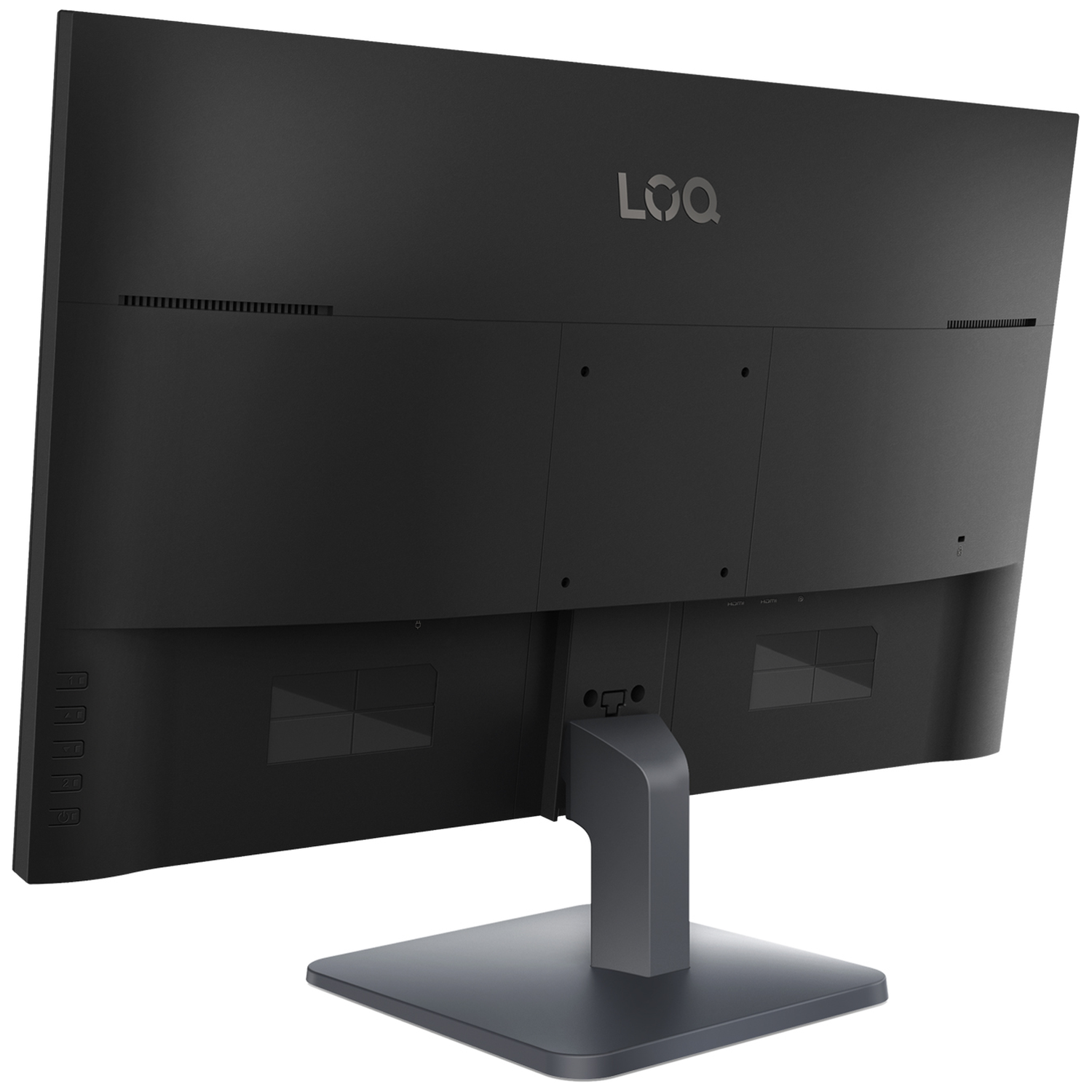 De achterkant van een zwarte monitor met het LOQ-logo.