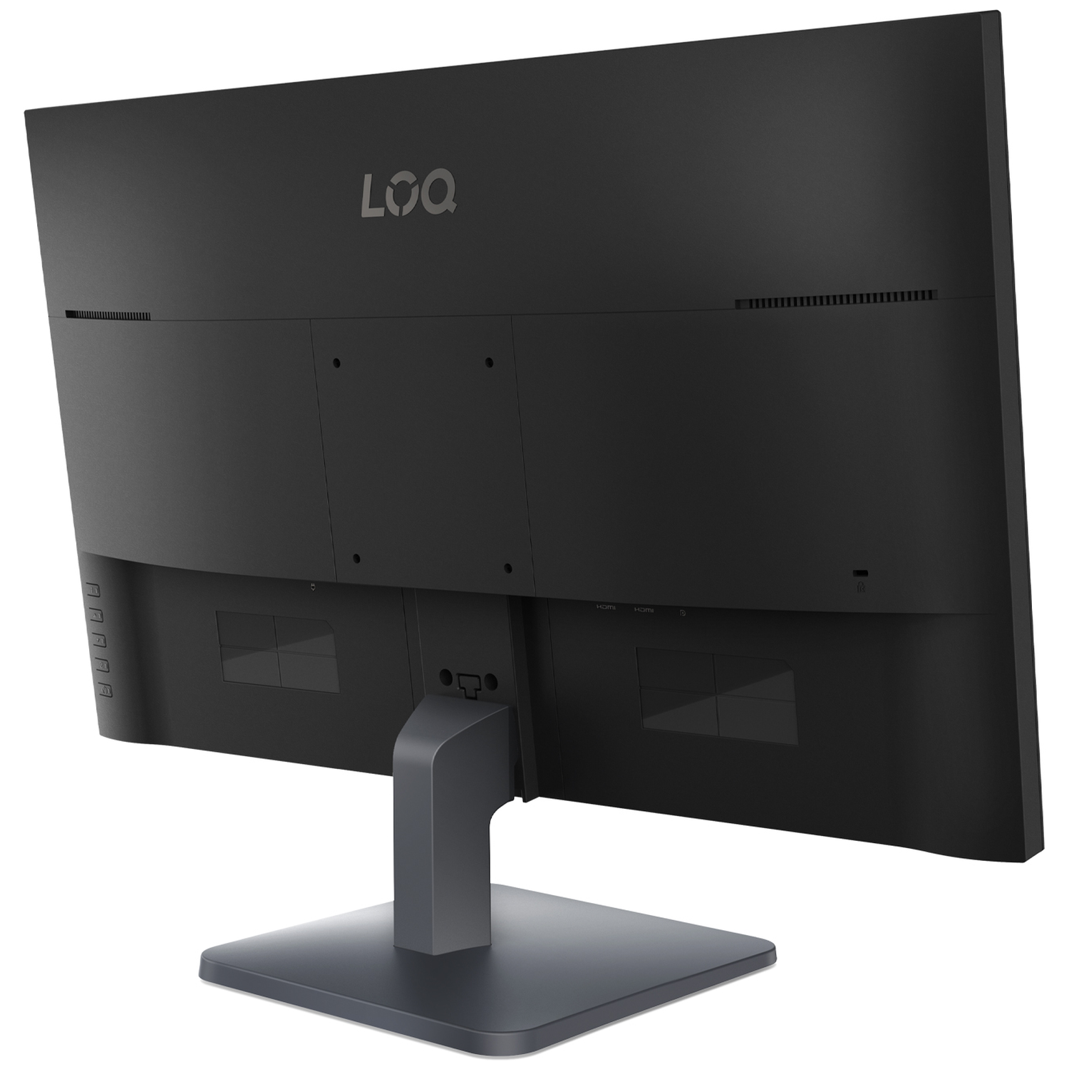 Achterkant van een zwarte monitor met LOQ-logo en poorten.