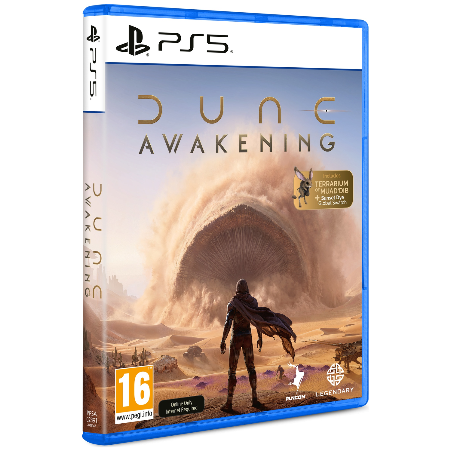 PS5 game case 'Dune Awakening' met woestijnlandschap en een man.