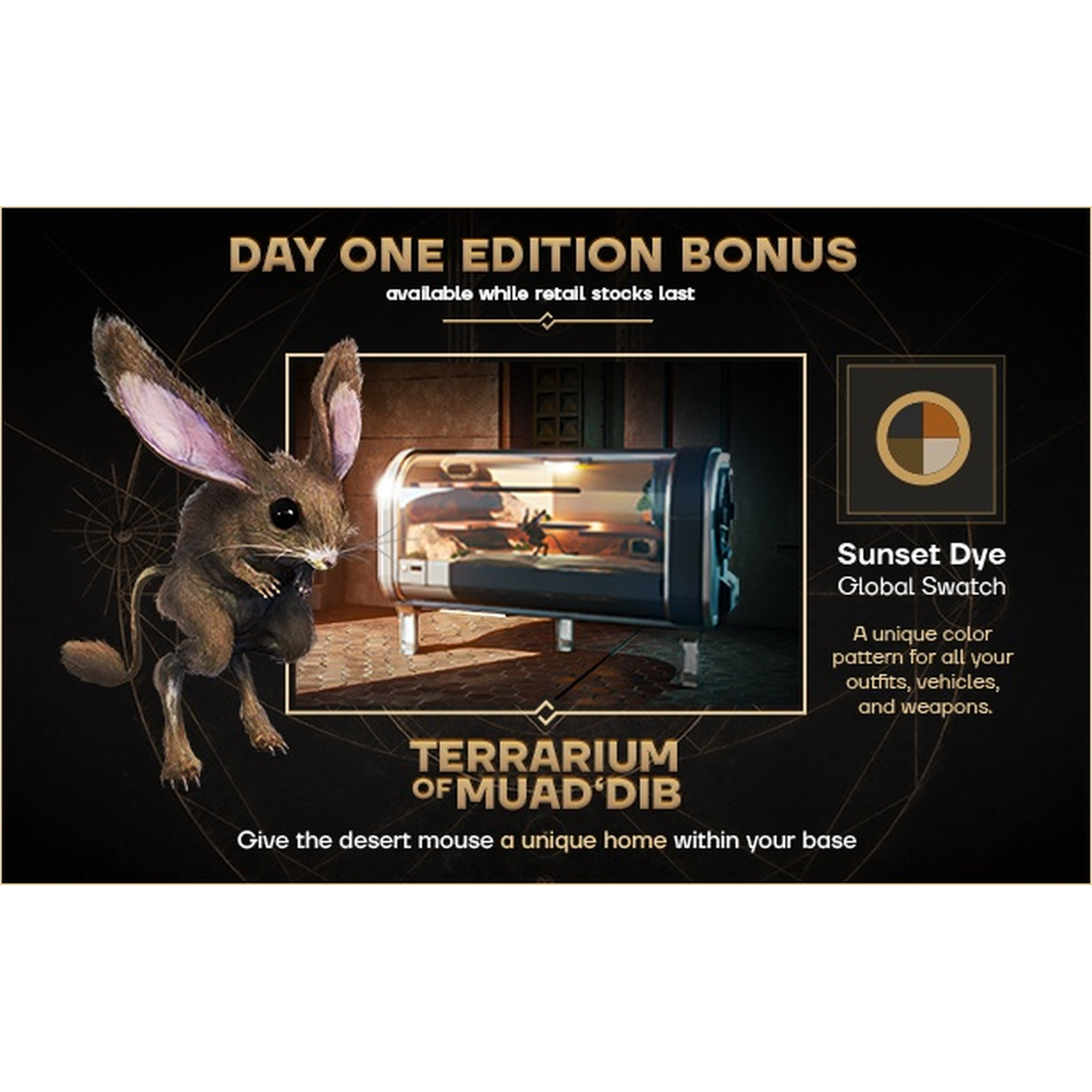 Een woestijnmuis naast een terrarium en een 'Sunset Dye' kleurstalen.