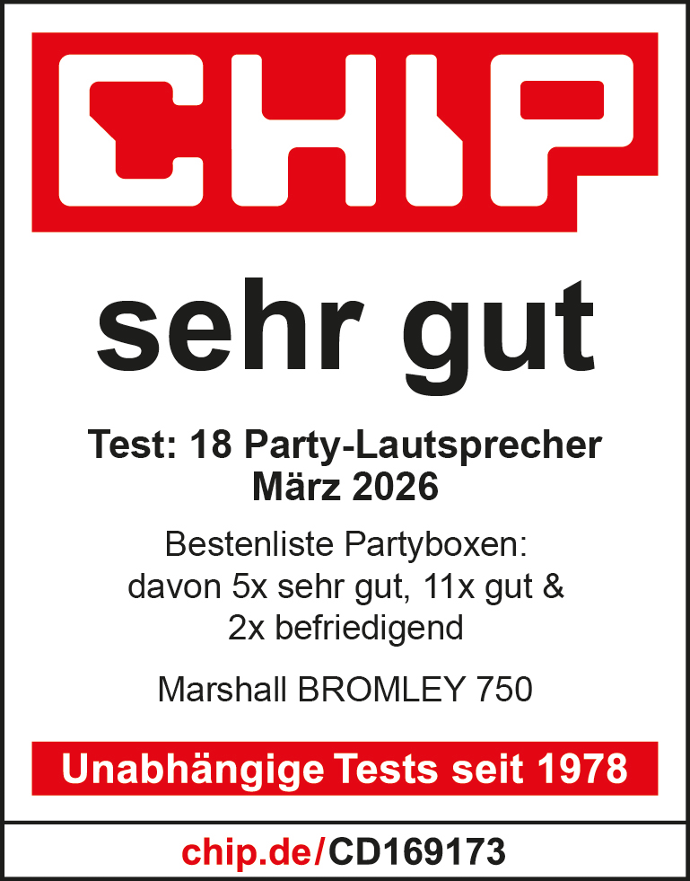 CHIP-Logo, "sehr gut", Test: 18 Party-Lautsprecher, März 2026.