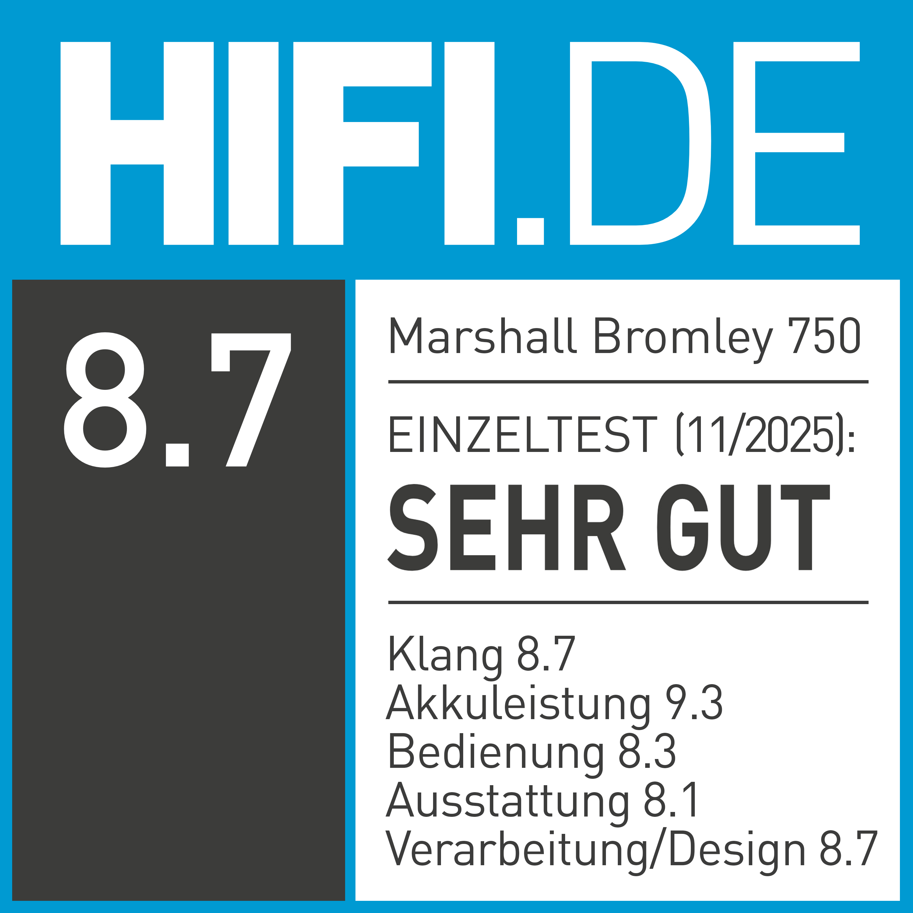 HIFI.DE Bewertung: 8.7. Marshall Bromley 750 Einzeltest: SEHR GUT.