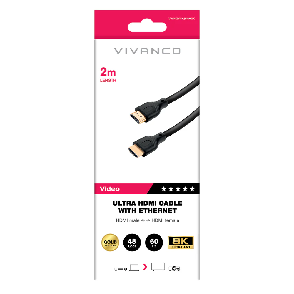 Vivanco 2m Ultra HDMI-Kabel mit Ethernet, Goldkontakte, 48 Gbps, 60 Hz, 8K