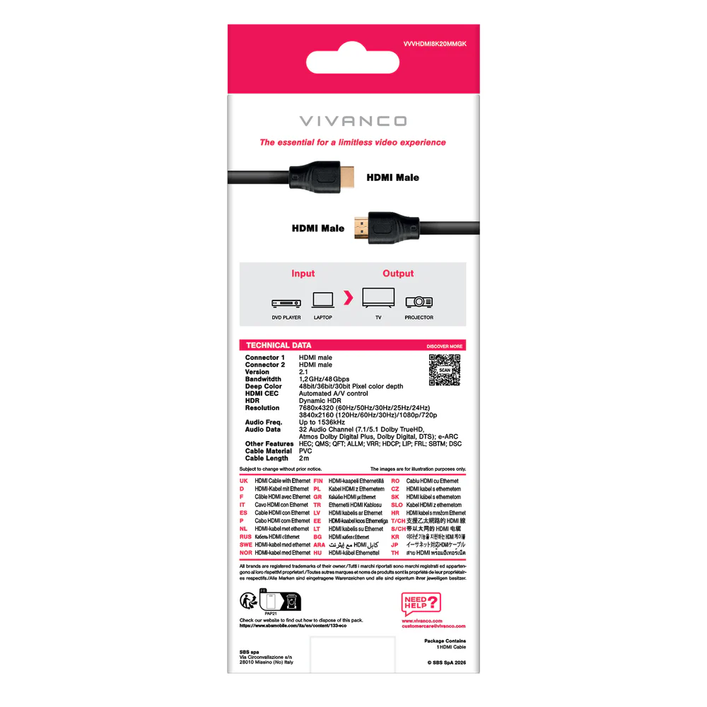 Vivanco HDMI-Kabel mit technischen Daten und Länderübersicht.