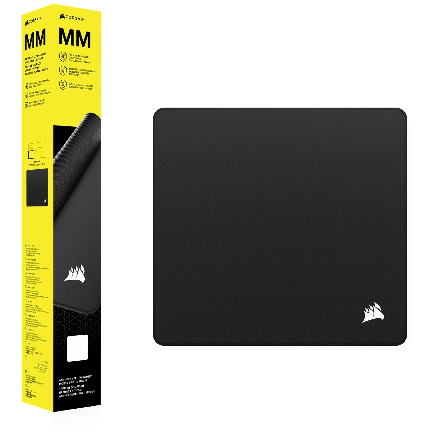 Black Corsair gaming mousepad with white logo. Packaging to the side.