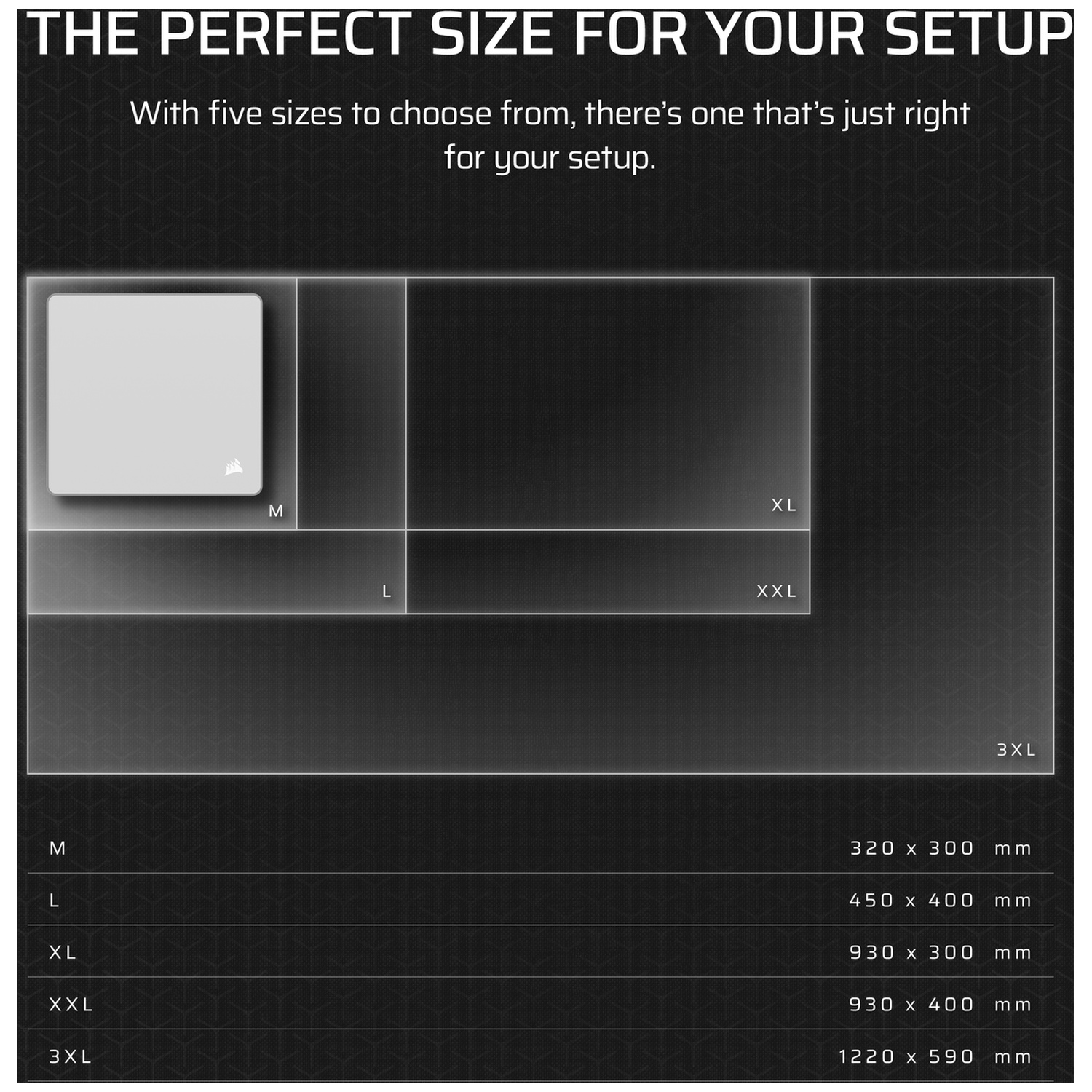 Graphic shows mousepad sizes M, L, XL, XXL, 3XL with dimensions.