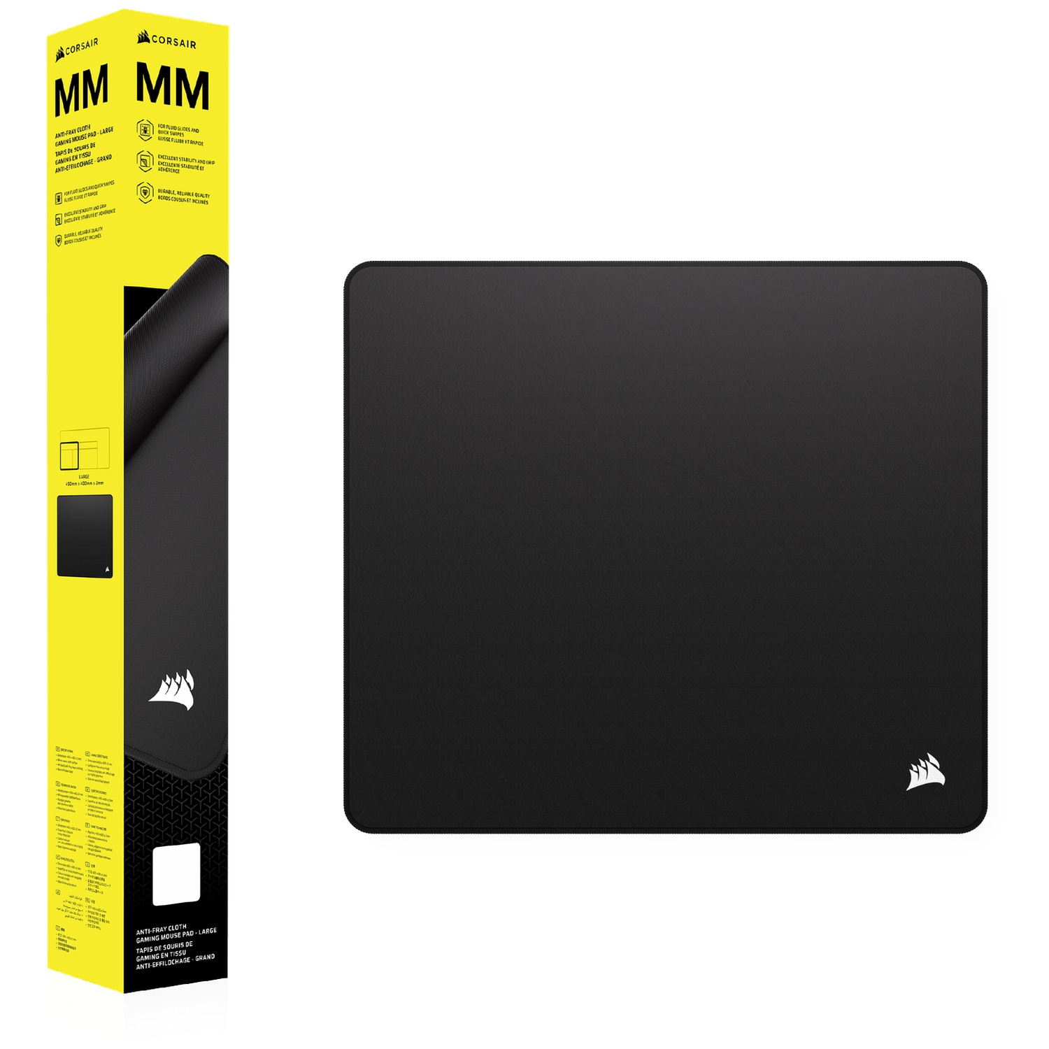Black Corsair gaming mousepad with a yellow box beside it.