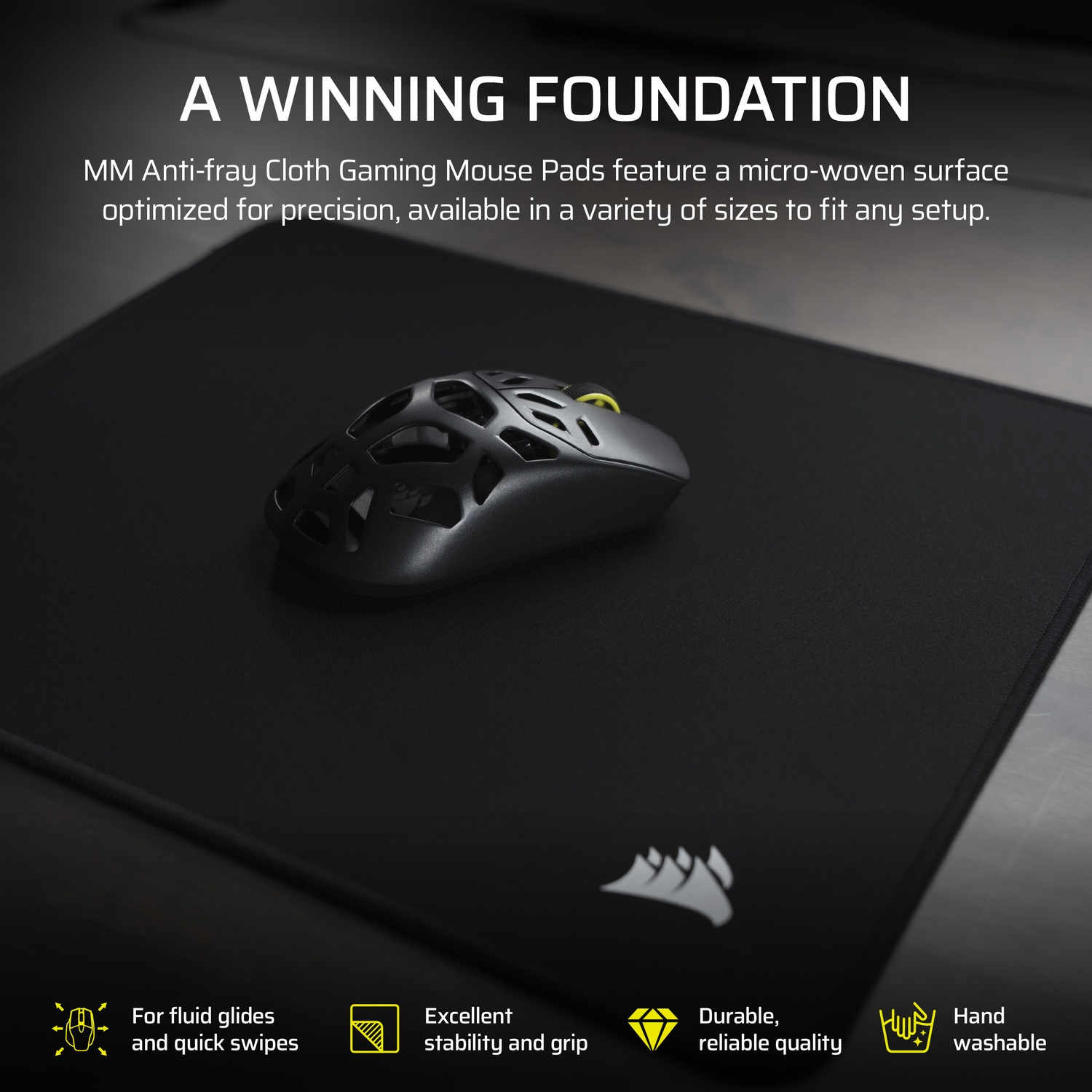 Black gaming mousepad with mouse, micro-woven surface, non-slip.
