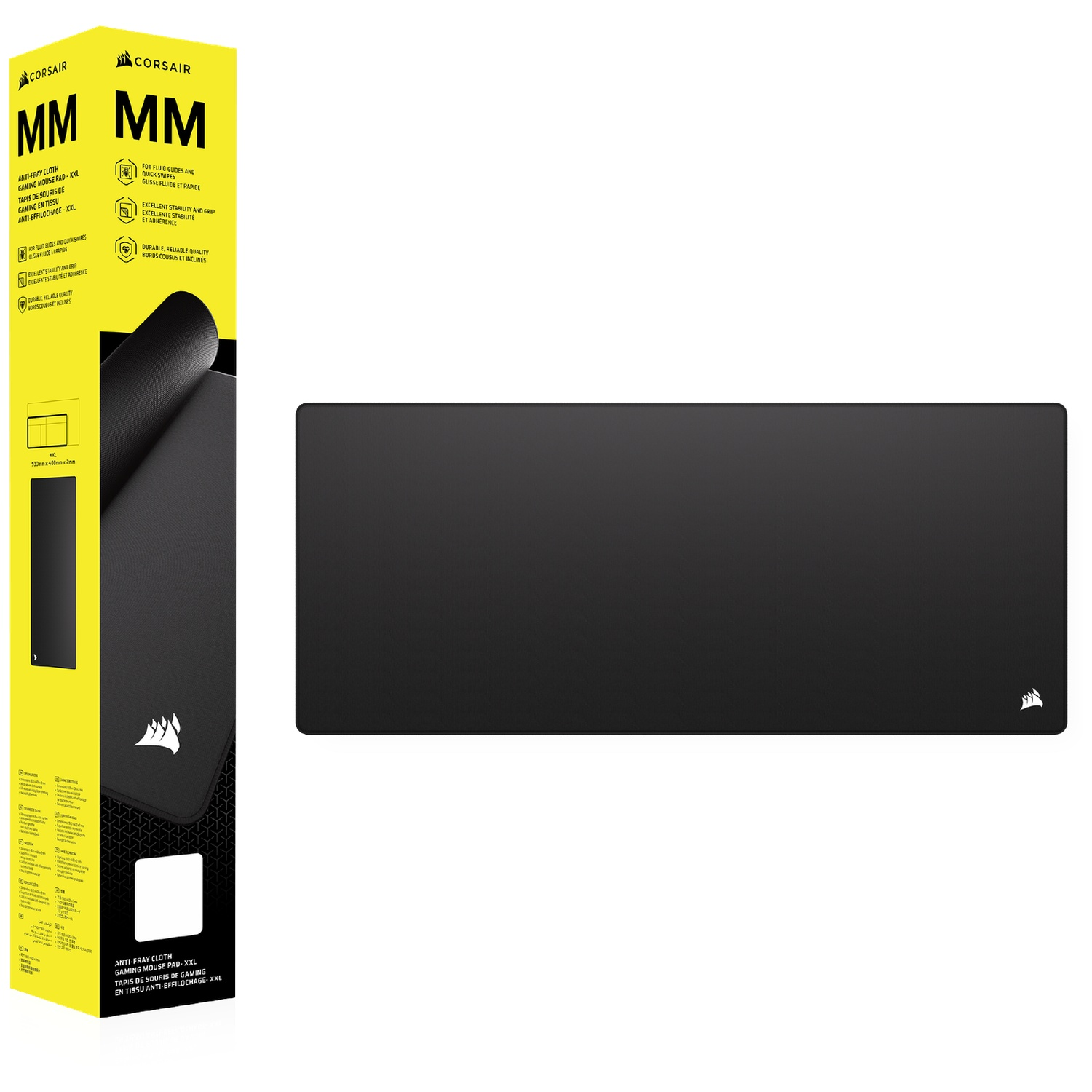 Black Corsair gaming mouse pad XXL with yellow packaging detailing features.