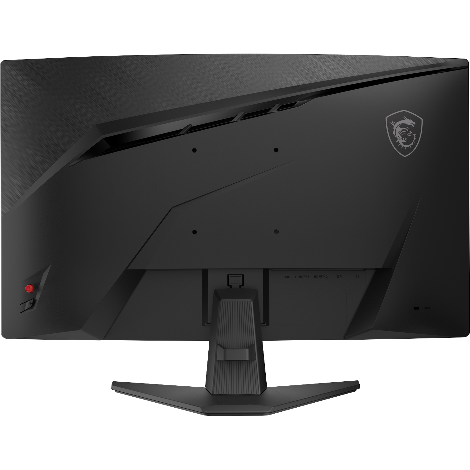 Back view of a black MSI monitor with stand. Ports visible: HDMI 1, HDMI 2, DP.