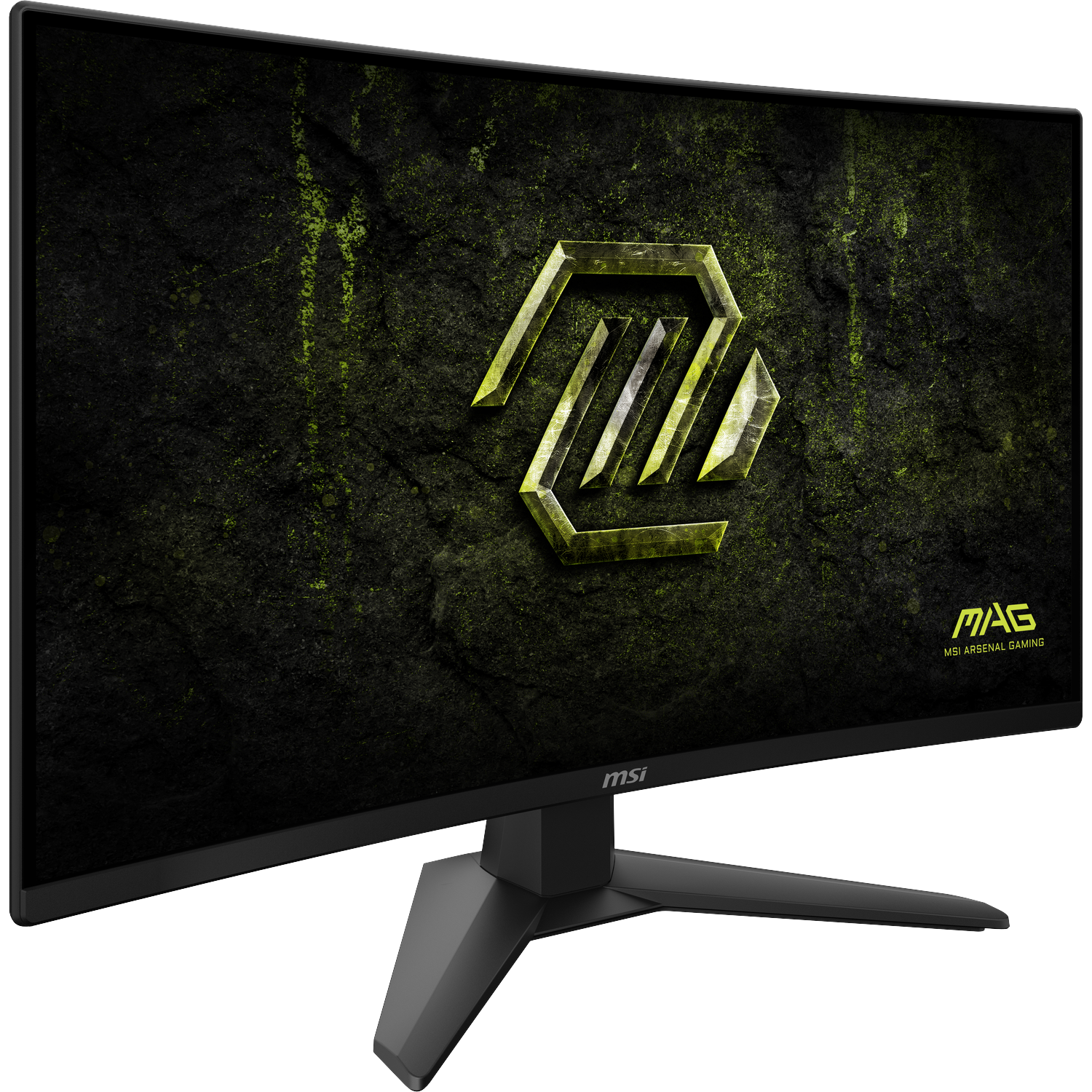 Curved MSI gaming monitor with yellow logo on dark background.