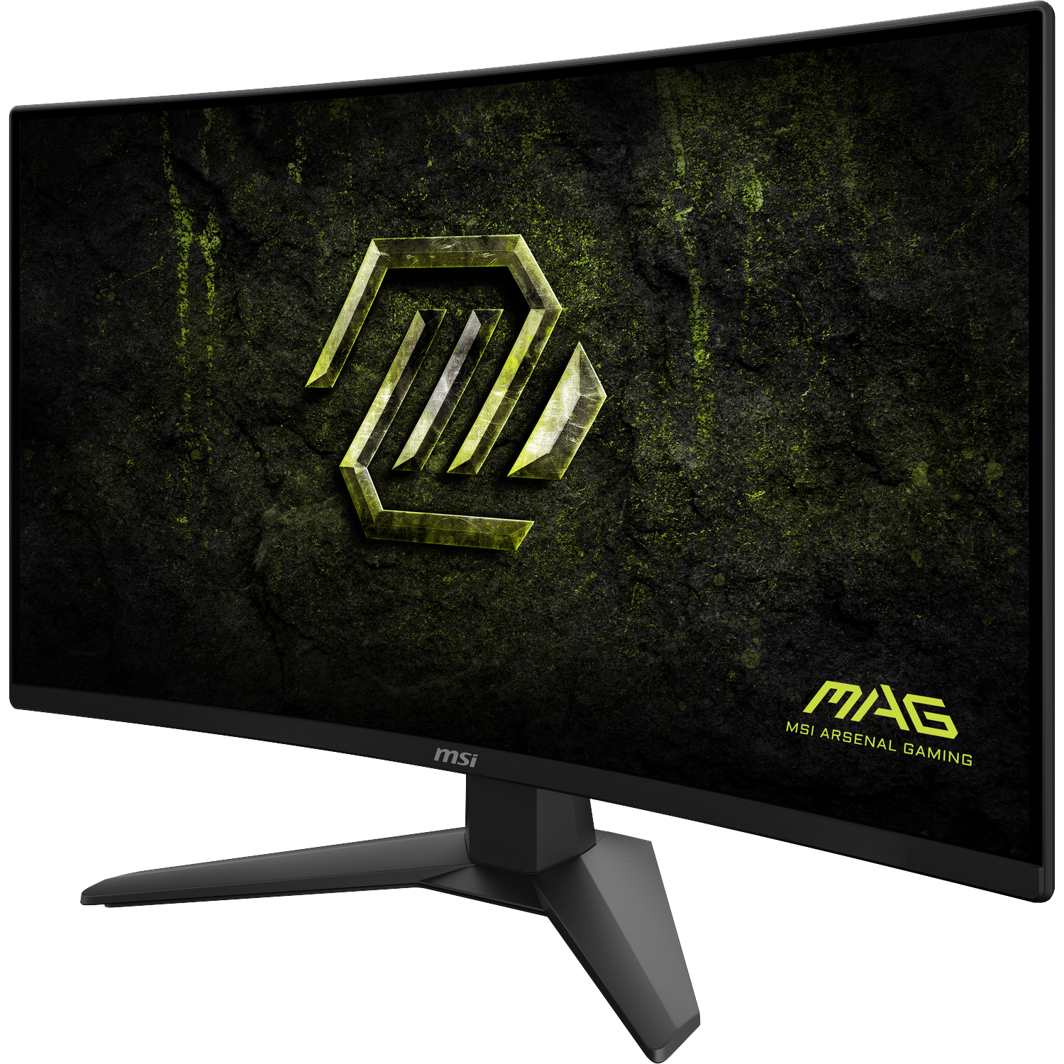 A curved MSI gaming monitor with a yellow logo on a black background.