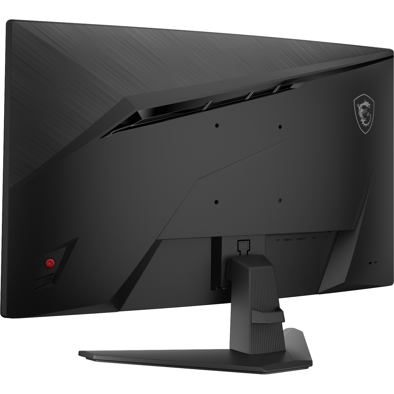 Back of a black MSI gaming monitor, showing ports and logo.