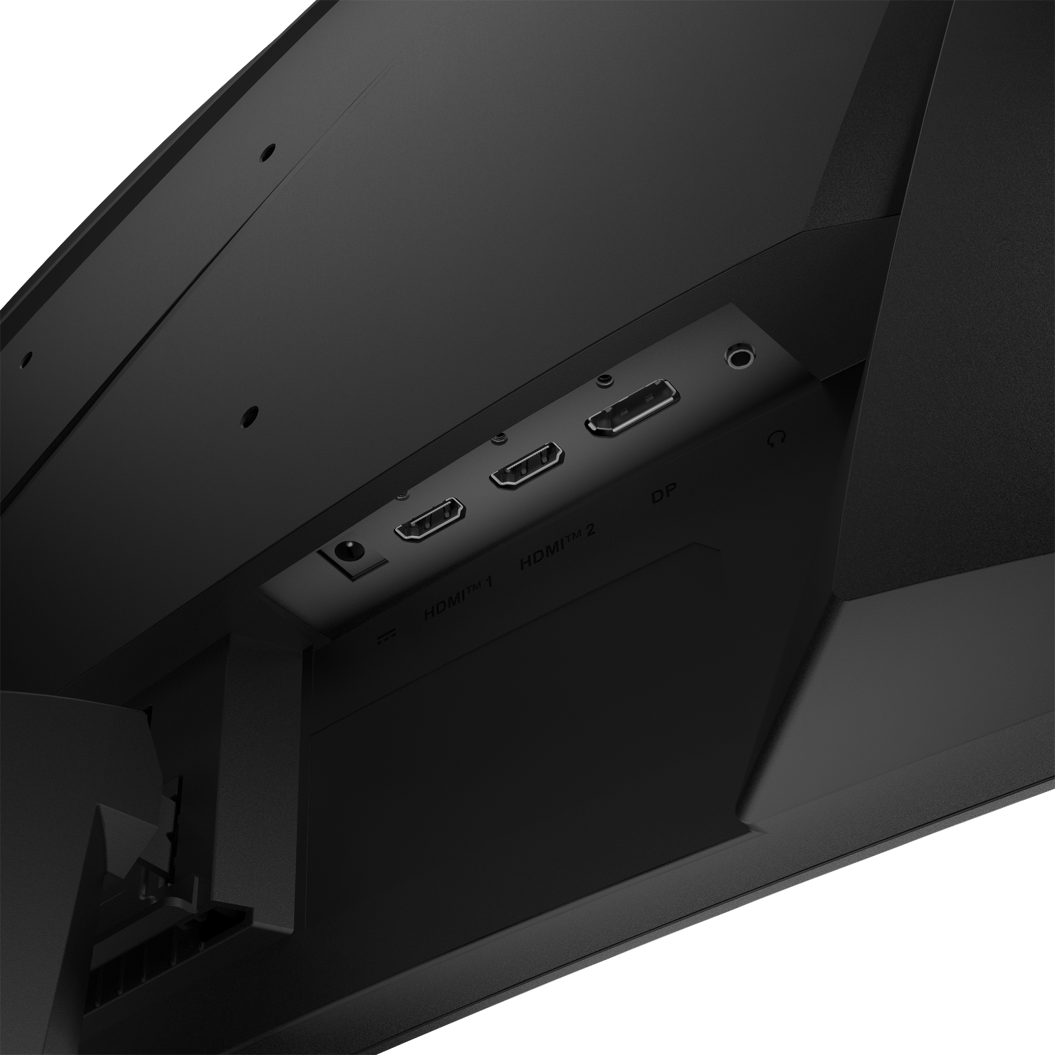 Close-up of ports: HDMI 1, HDMI 2 and DP on a black monitor.