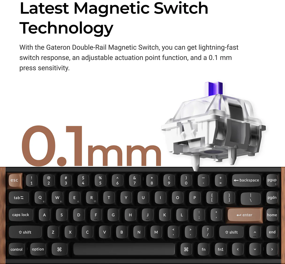 Egy mechanikus billentyűzetkapcsoló 0,1 mm-es érzékenységgel és egy billentyűzettel.