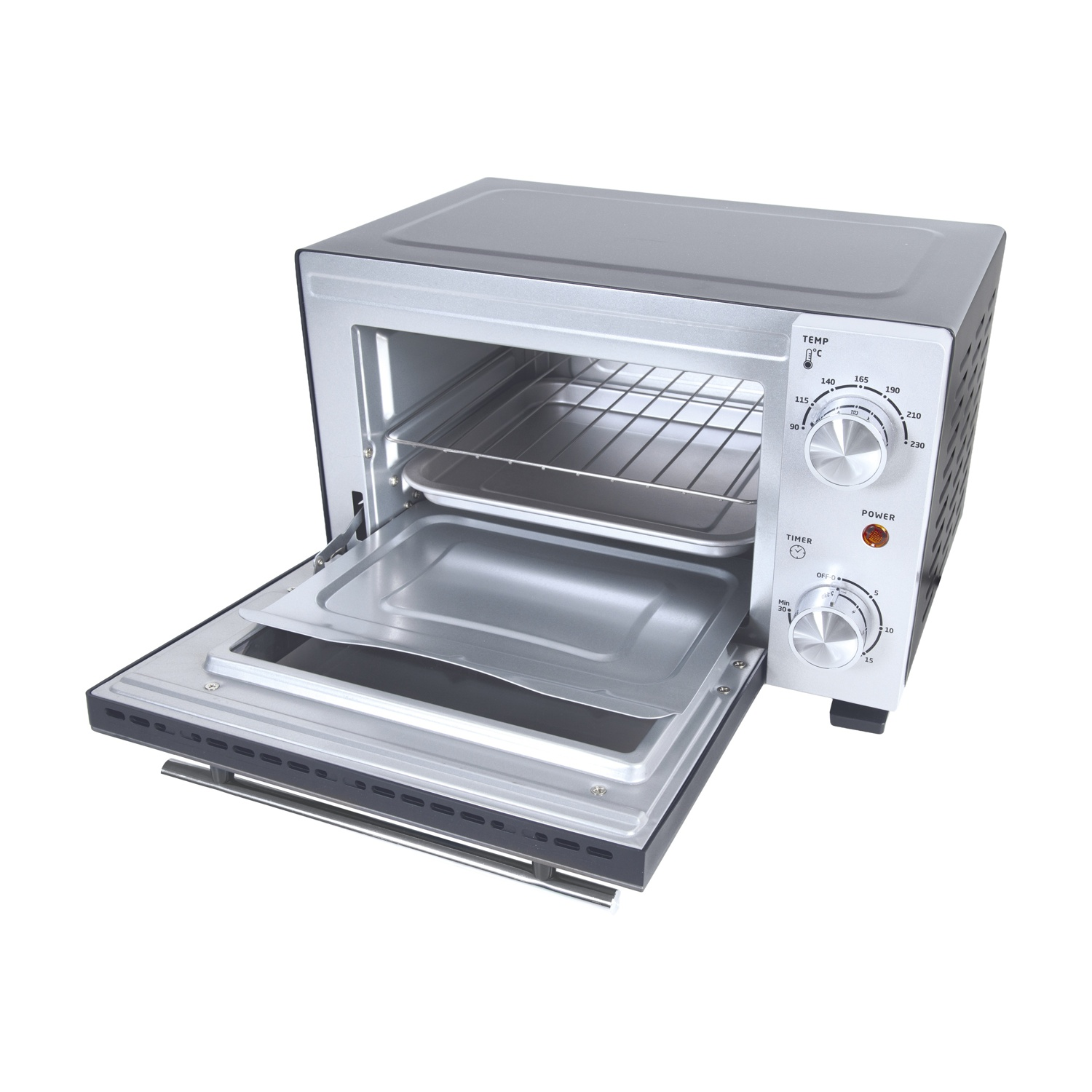 Un tostapane da forno argentato aperto con due griglie e una teglia.