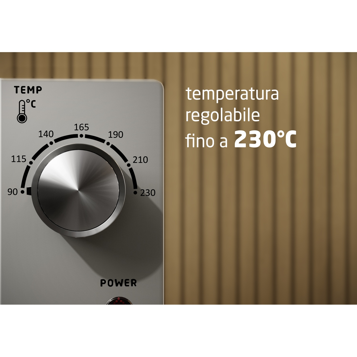 Una manopola della temperatura da 90-230°C e un pulsante di accensione.