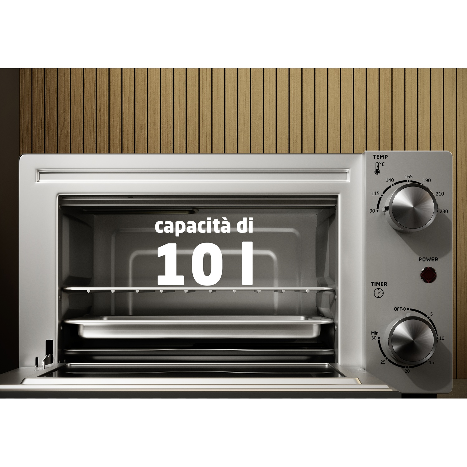 Un mini forno argento da 10L con controlli di temperatura e timer.
