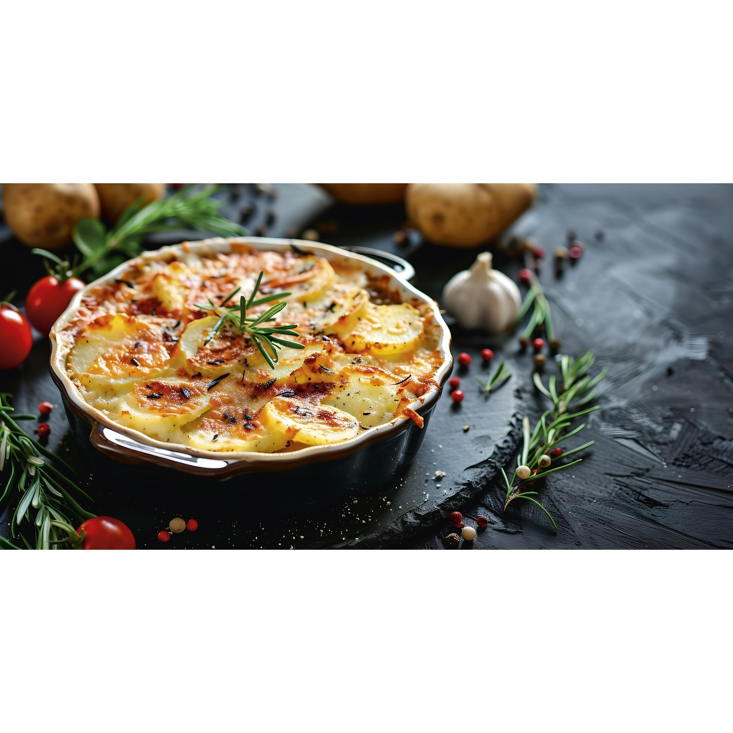 Patate al gratin in una teglia con rosmarino, pomodorini, aglio e pepe in grani.