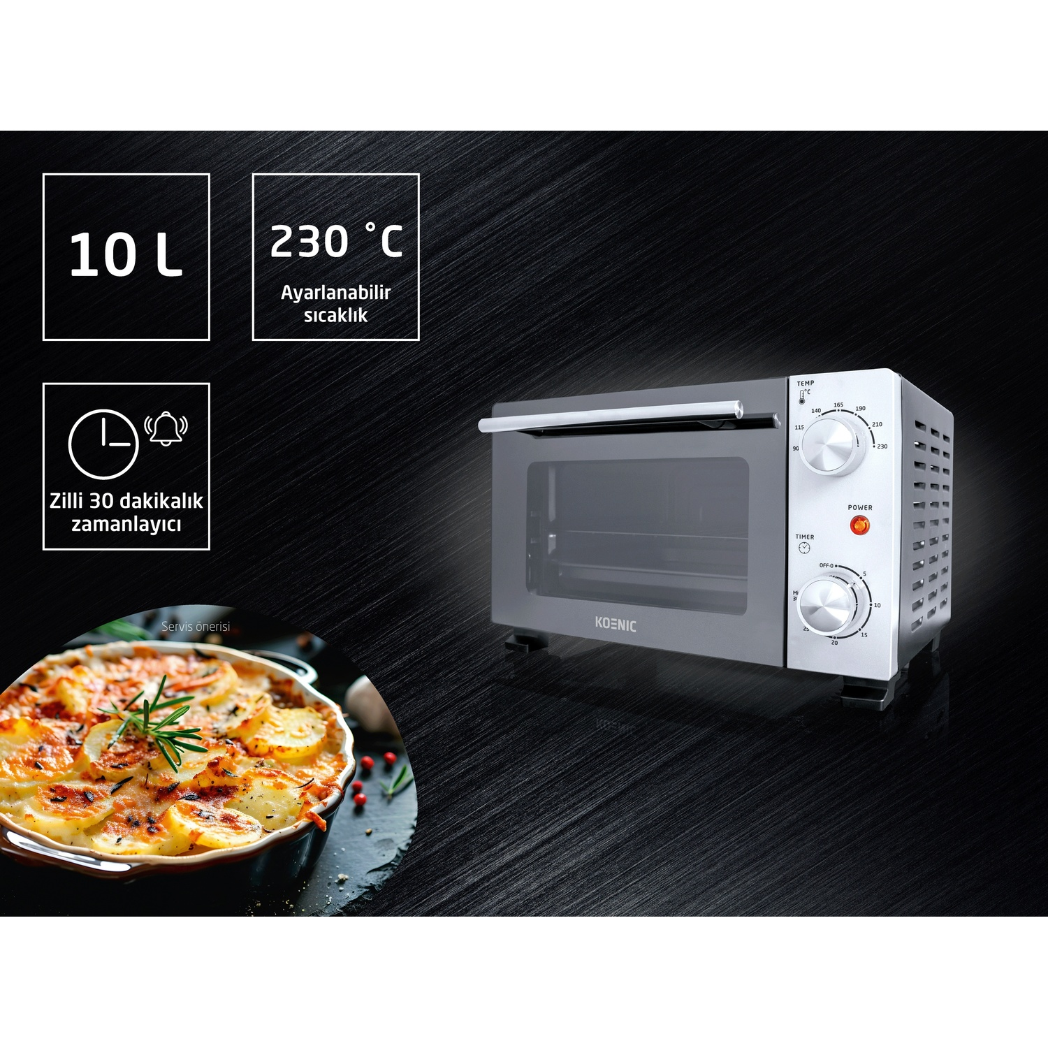 Un mini forno Koenic da 10L, 230°C e timer 30 min. Accanto, un piatto gratinato.