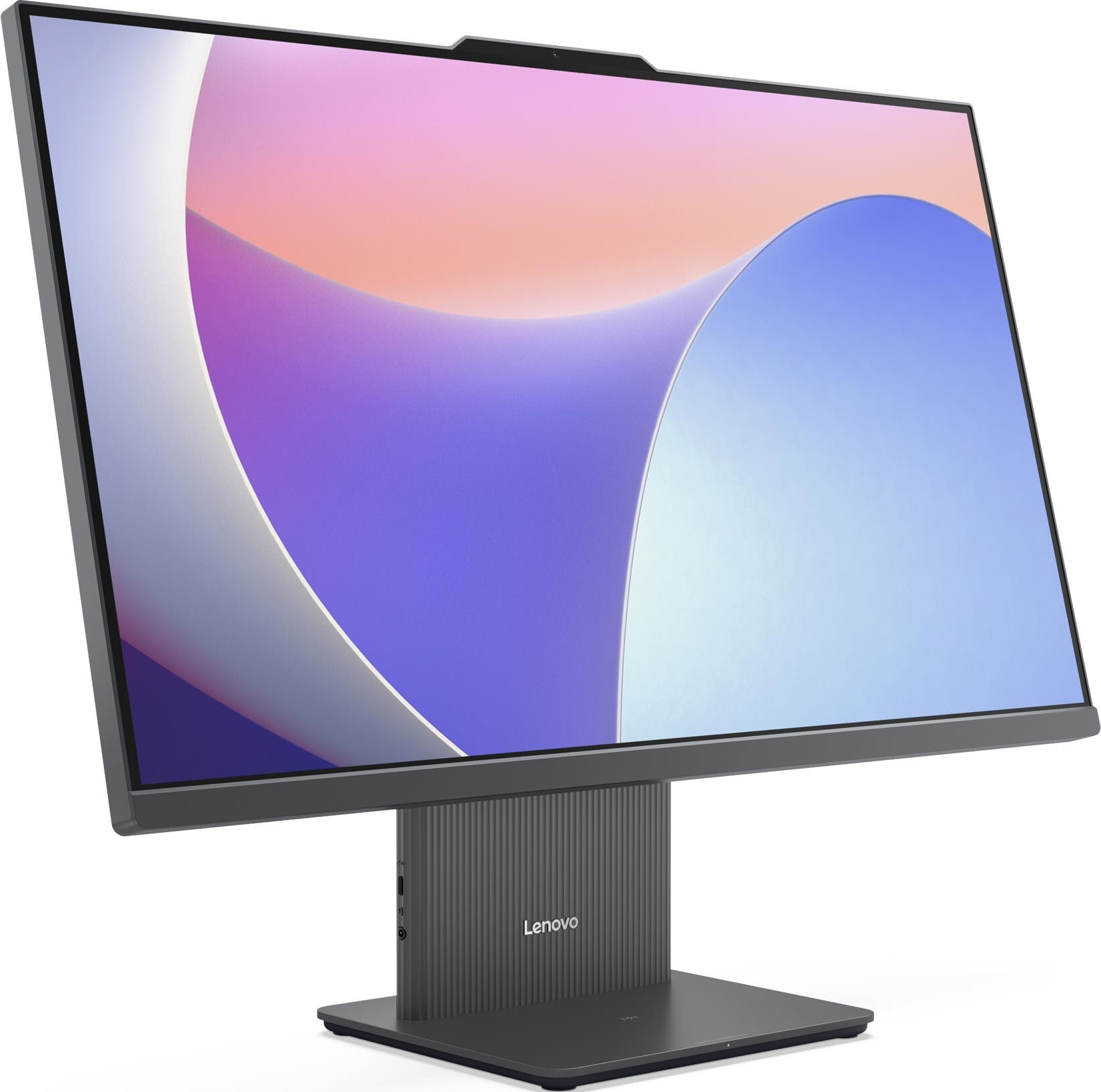 Un ordinateur tout-en-un Lenovo gris avec un fond abstrait et coloré sur son écran.